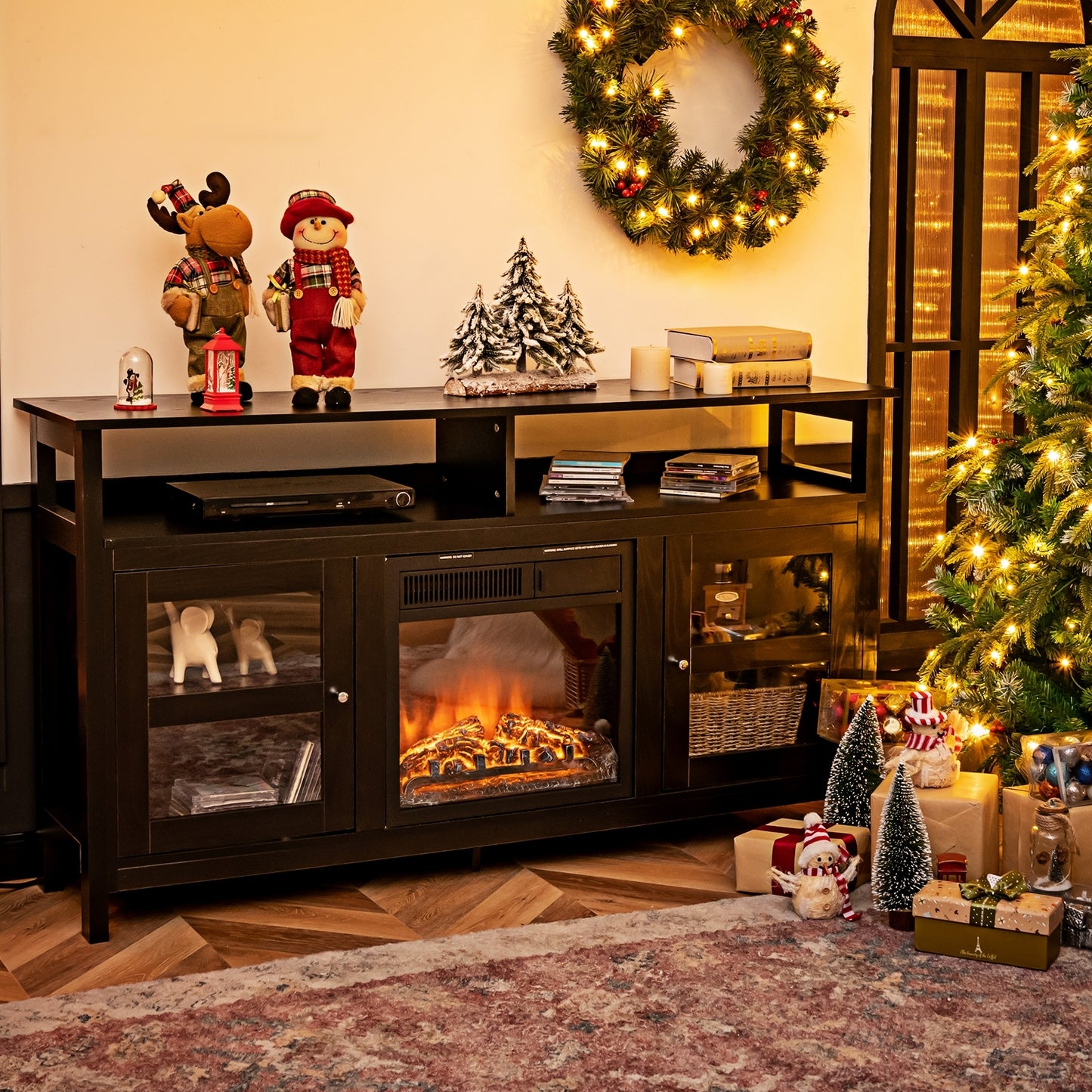 58 Inch TV Stand with Cabinets and Open Shelves for TVs up to 65 Inches, Black Wood Finish