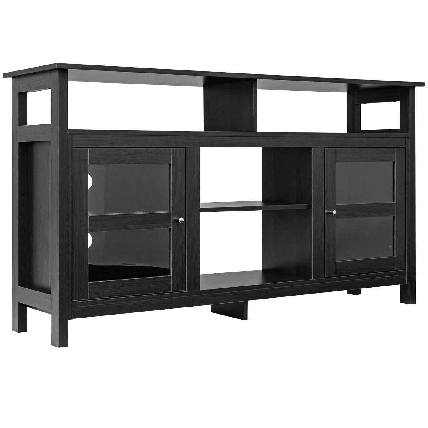 58 Inch TV Stand with Cabinets and Open Shelves for TVs up to 65 Inches, Black Wood Finish