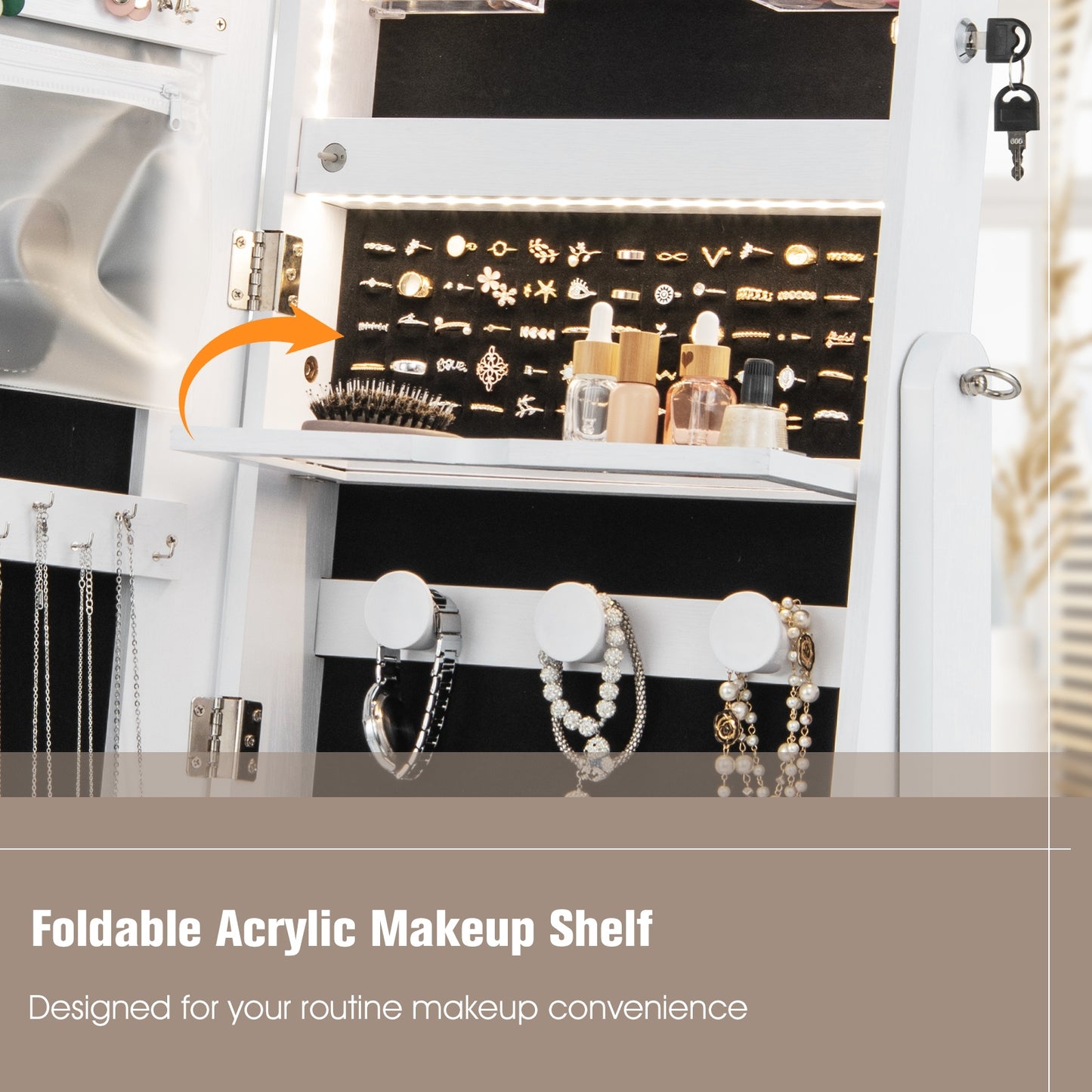 47 Inch Lockable Jewelry Armoire with 3-Color LED Lights & Full-Length Mirror - White