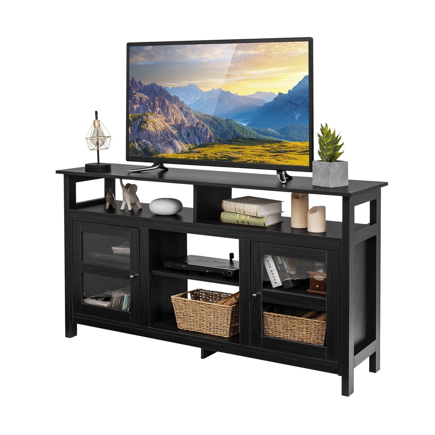 58 Inch TV Stand with Cabinets and Open Shelves for TVs up to 65 Inches, Black Wood Finish