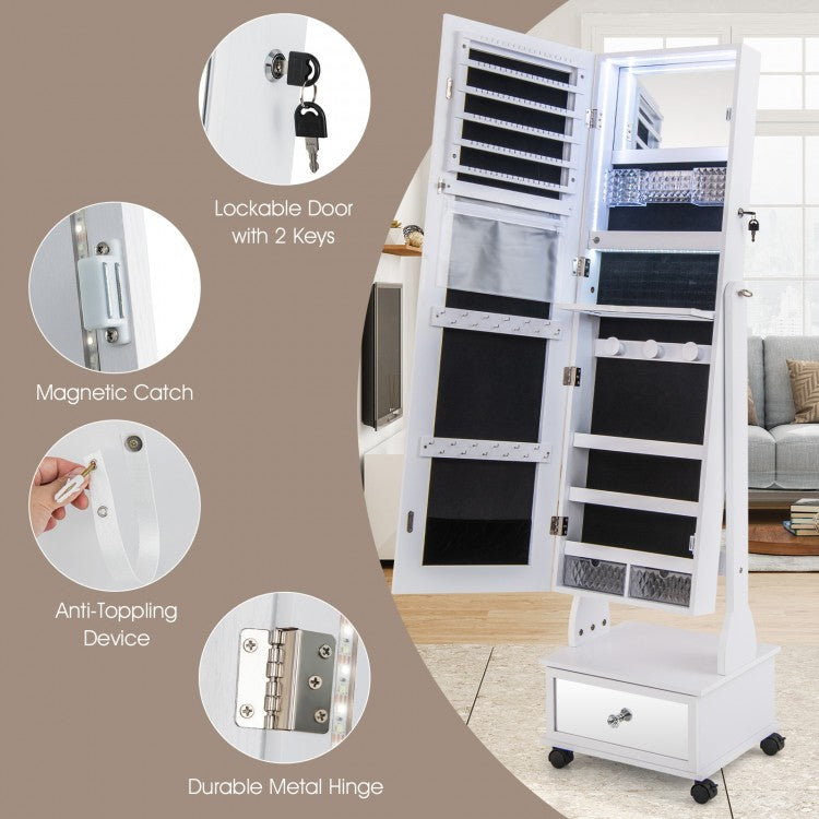 47 Inch Lockable Jewelry Armoire with 3-Color LED Lights & Full-Length Mirror - White