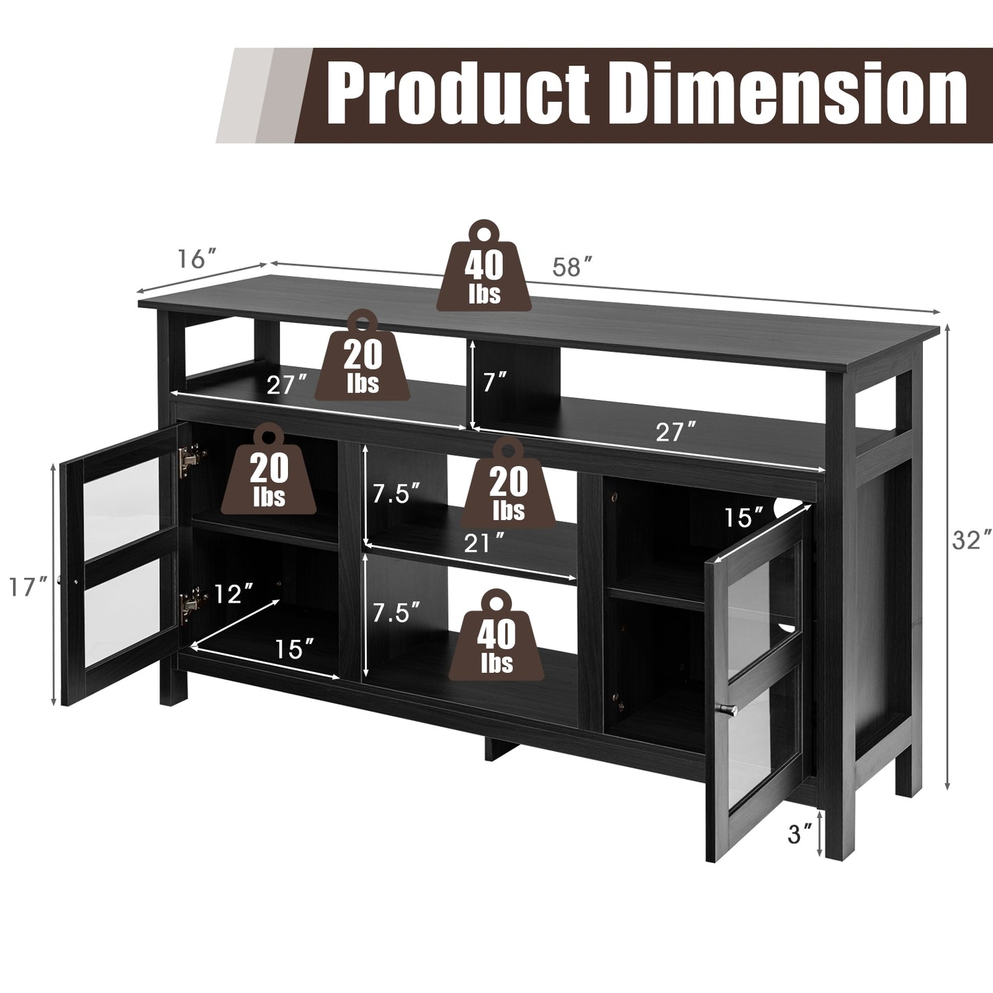 58 Inch TV Stand with Cabinets and Open Shelves for TVs up to 65 Inches, Black Wood Finish