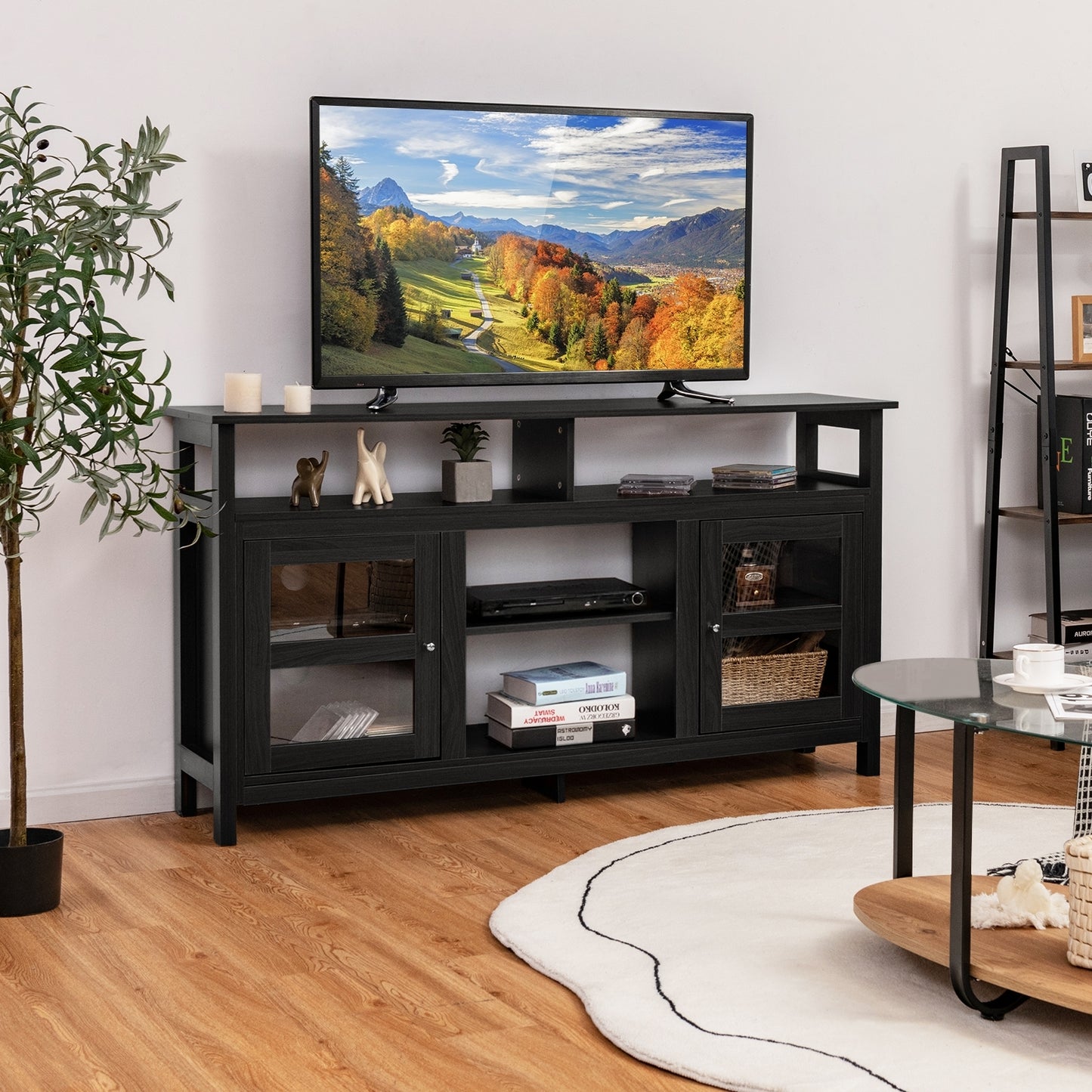 58 Inch TV Stand with Cabinets and Open Shelves for TVs up to 65 Inches, Black Wood Finish