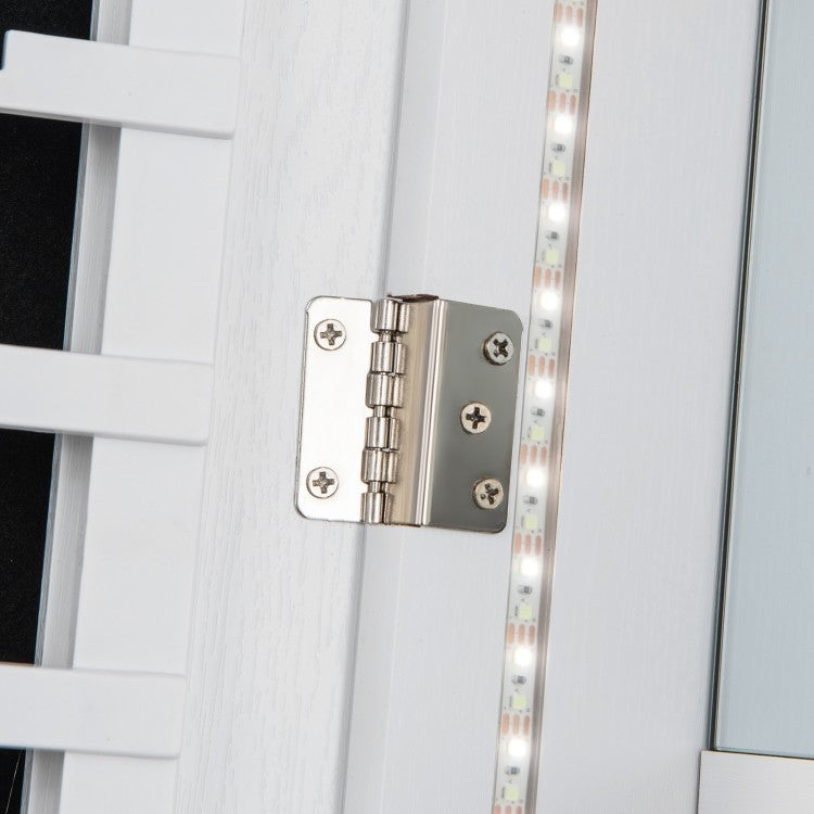 47 Inch Lockable Jewelry Armoire with 3-Color LED Lights & Full-Length Mirror - White