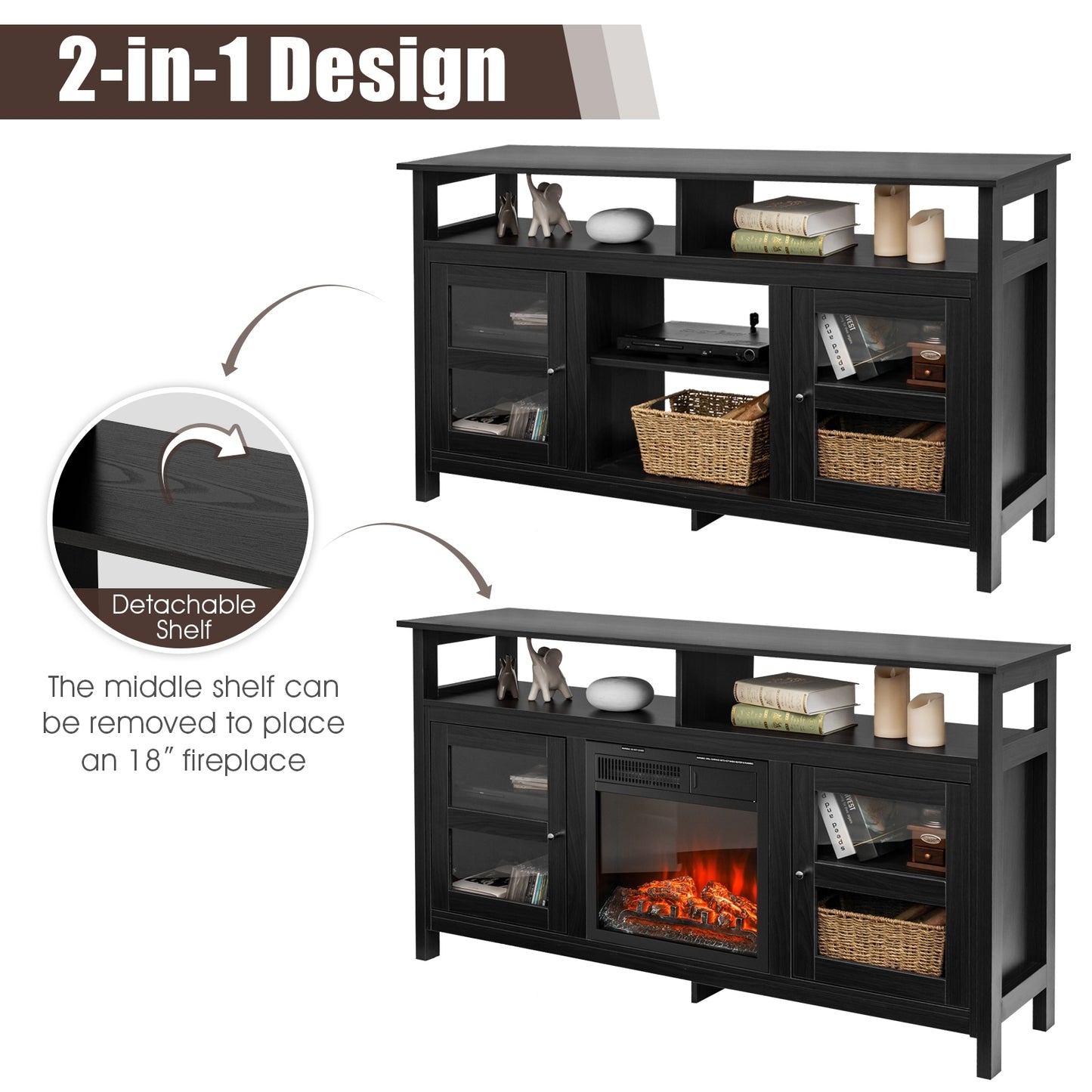 58 Inch TV Stand with Cabinets and Open Shelves for TVs up to 65 Inches, Black Wood Finish
