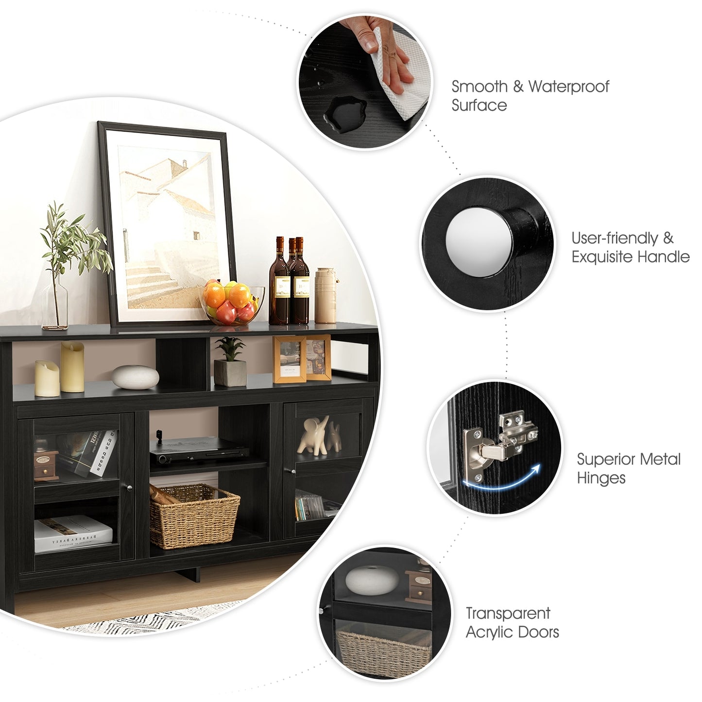 58 Inch TV Stand with Cabinets and Open Shelves for TVs up to 65 Inches, Black Wood Finish