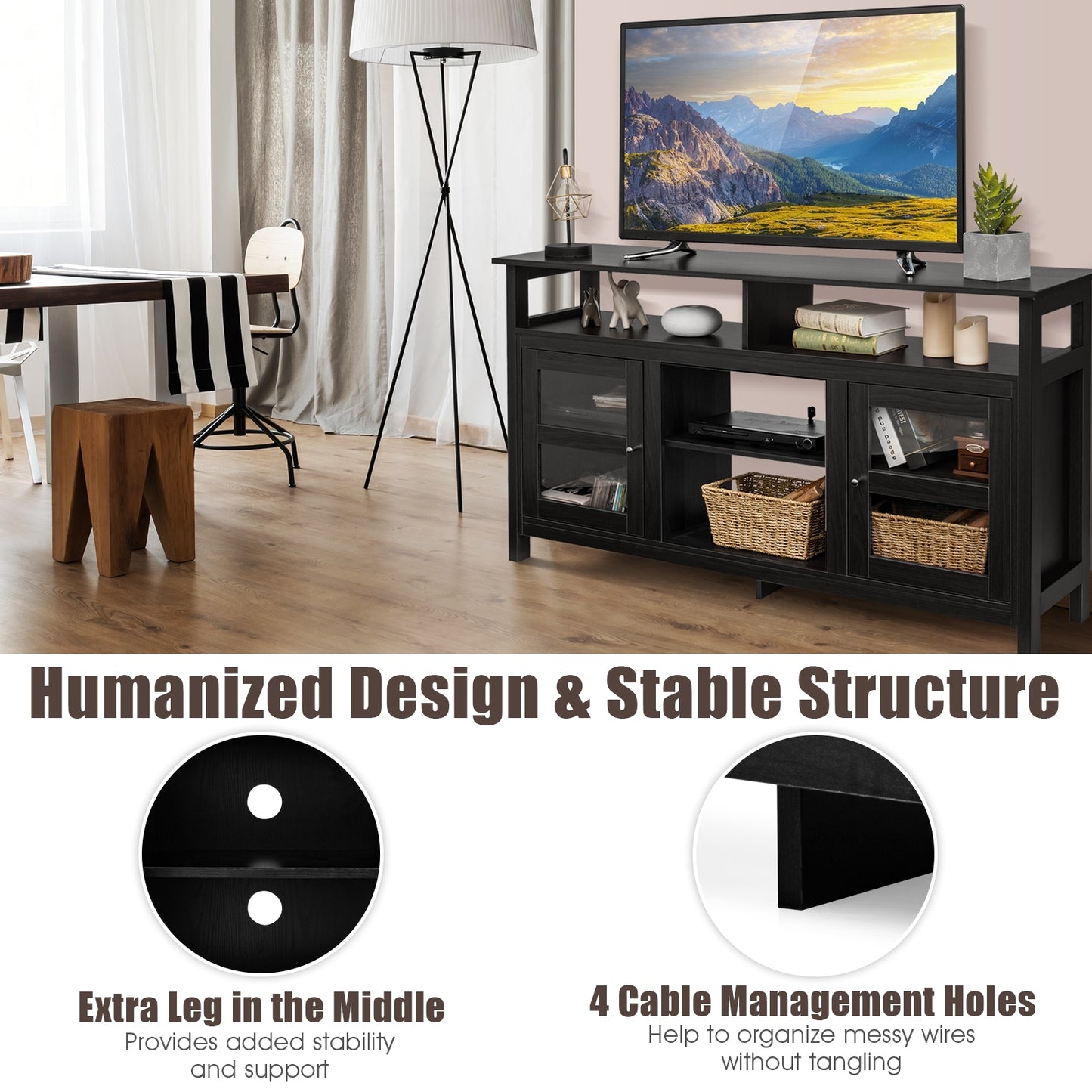 58 Inch TV Stand with Cabinets and Open Shelves for TVs up to 65 Inches, Black Wood Finish