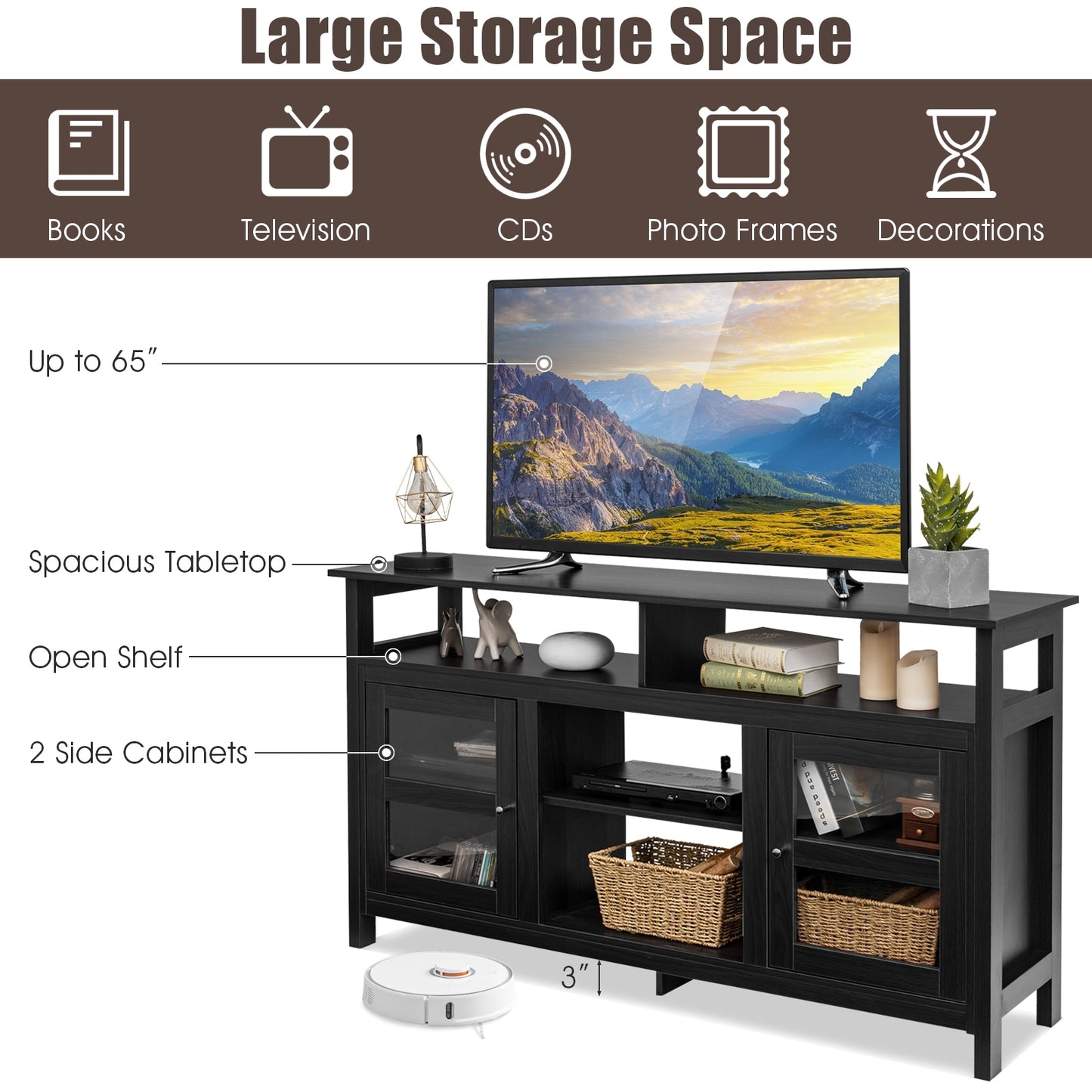 58 Inch TV Stand with Cabinets and Open Shelves for TVs up to 65 Inches, Black Wood Finish