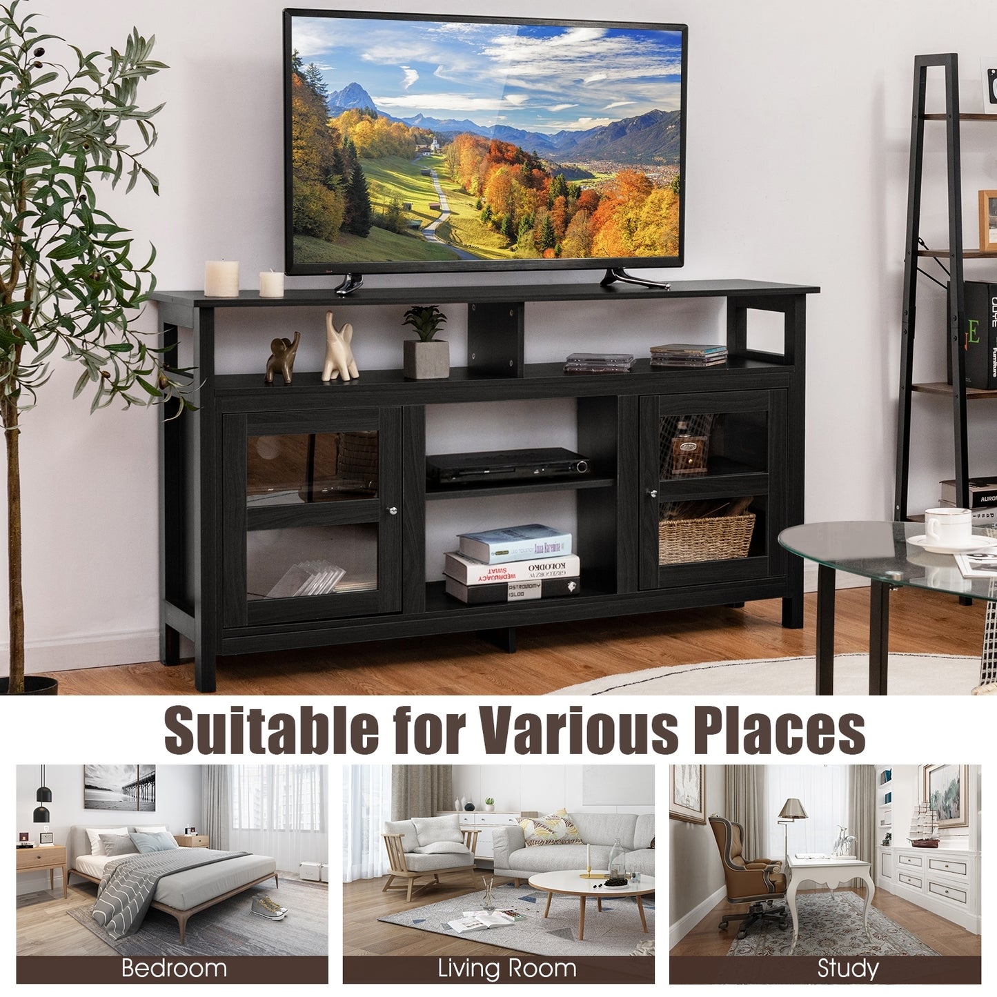 58 Inch TV Stand with Cabinets and Open Shelves for TVs up to 65 Inches, Black Wood Finish