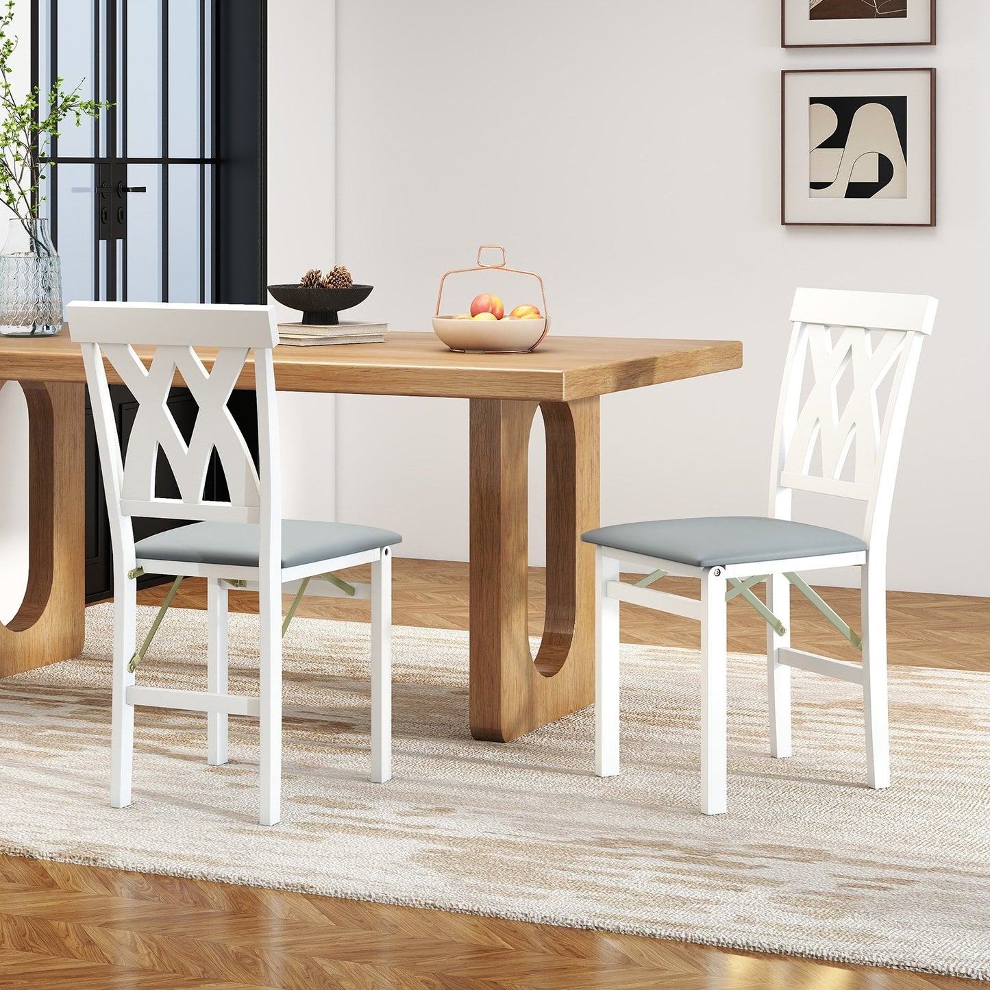 Set of 2 Foldable Wooden Dining Chairs with Faux Leather Cushions and Armless Design in White
