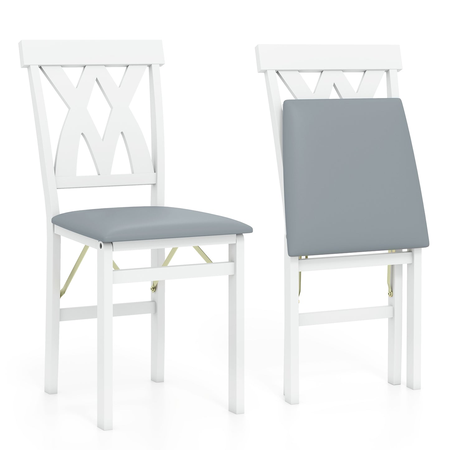Set of 2 Foldable Wooden Dining Chairs with Faux Leather Cushions and Armless Design in White