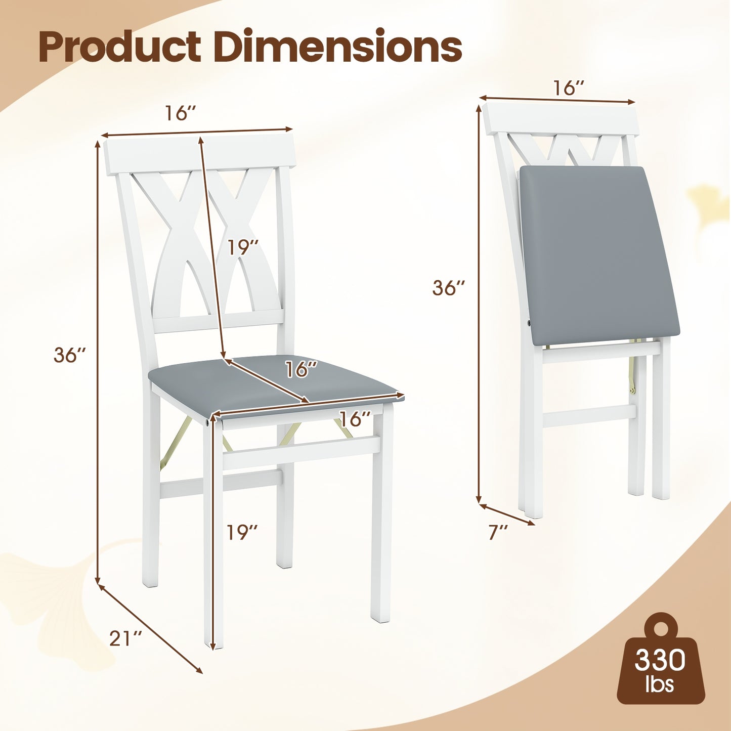 Set of 2 Foldable Wooden Dining Chairs with Faux Leather Cushions and Armless Design in White
