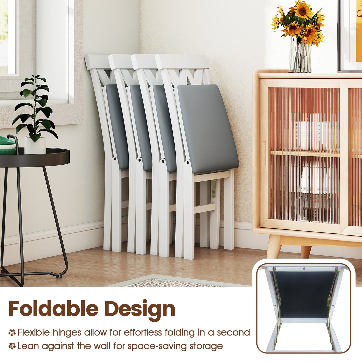 Set of 2 Foldable Wooden Dining Chairs with Faux Leather Cushions and Armless Design in White