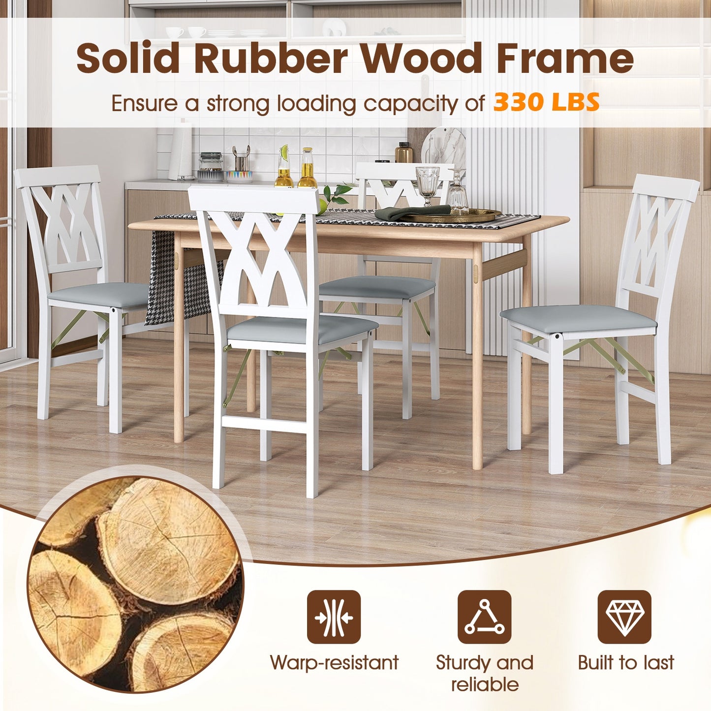 Set of 2 Foldable Wooden Dining Chairs with Faux Leather Cushions and Armless Design in White