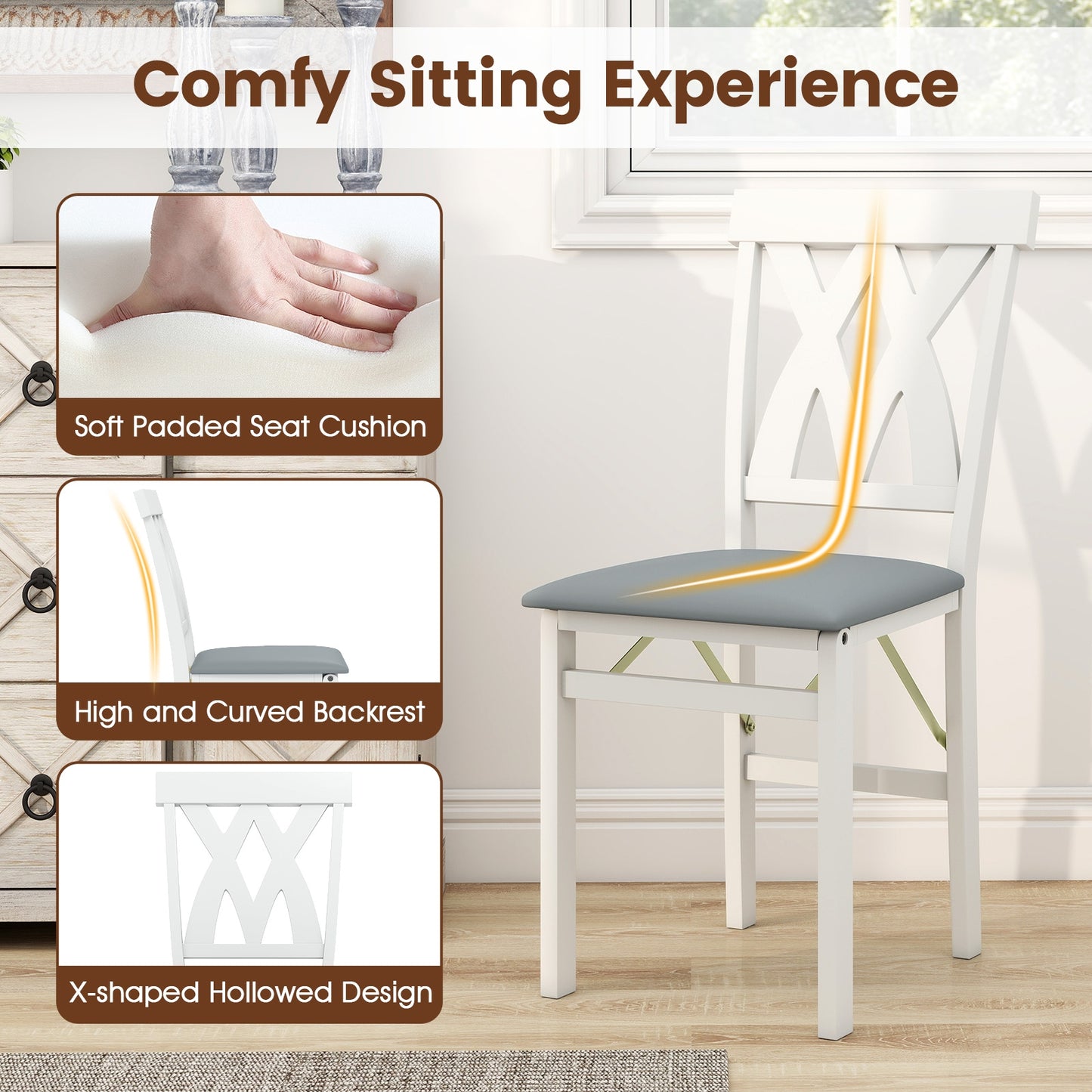 Set of 2 Foldable Wooden Dining Chairs with Faux Leather Cushions and Armless Design in White