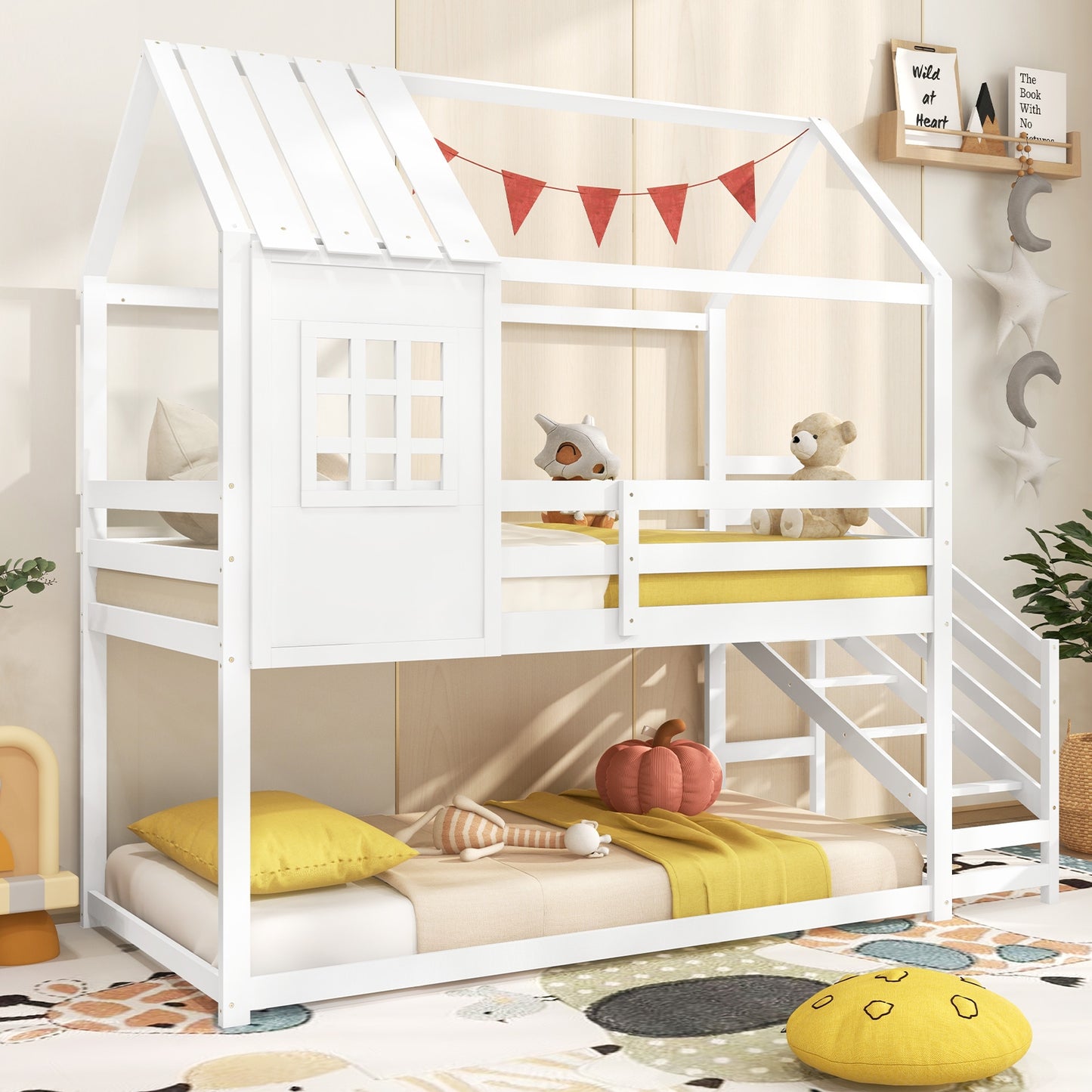 Kids Twin House Loft Bed with Stairs and Roof