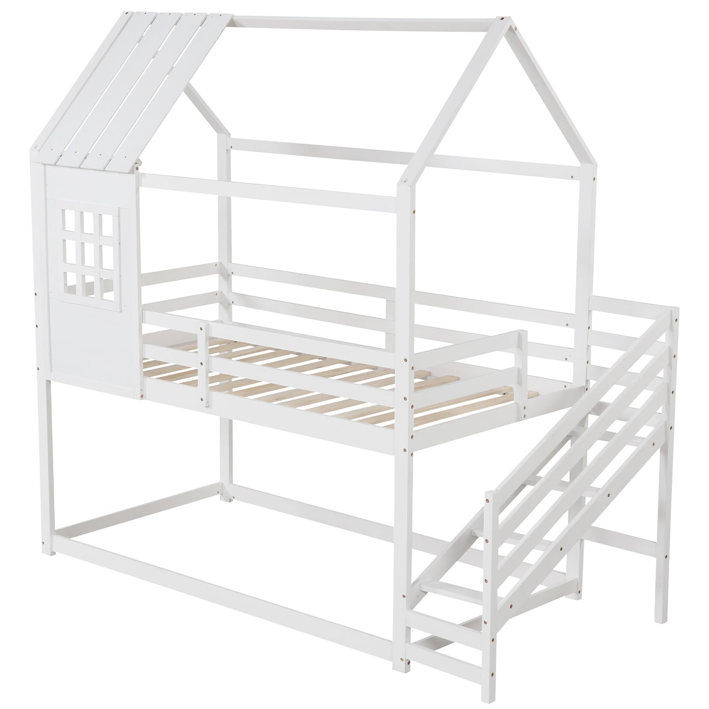 Kids Twin House Loft Bed with Stairs and Roof