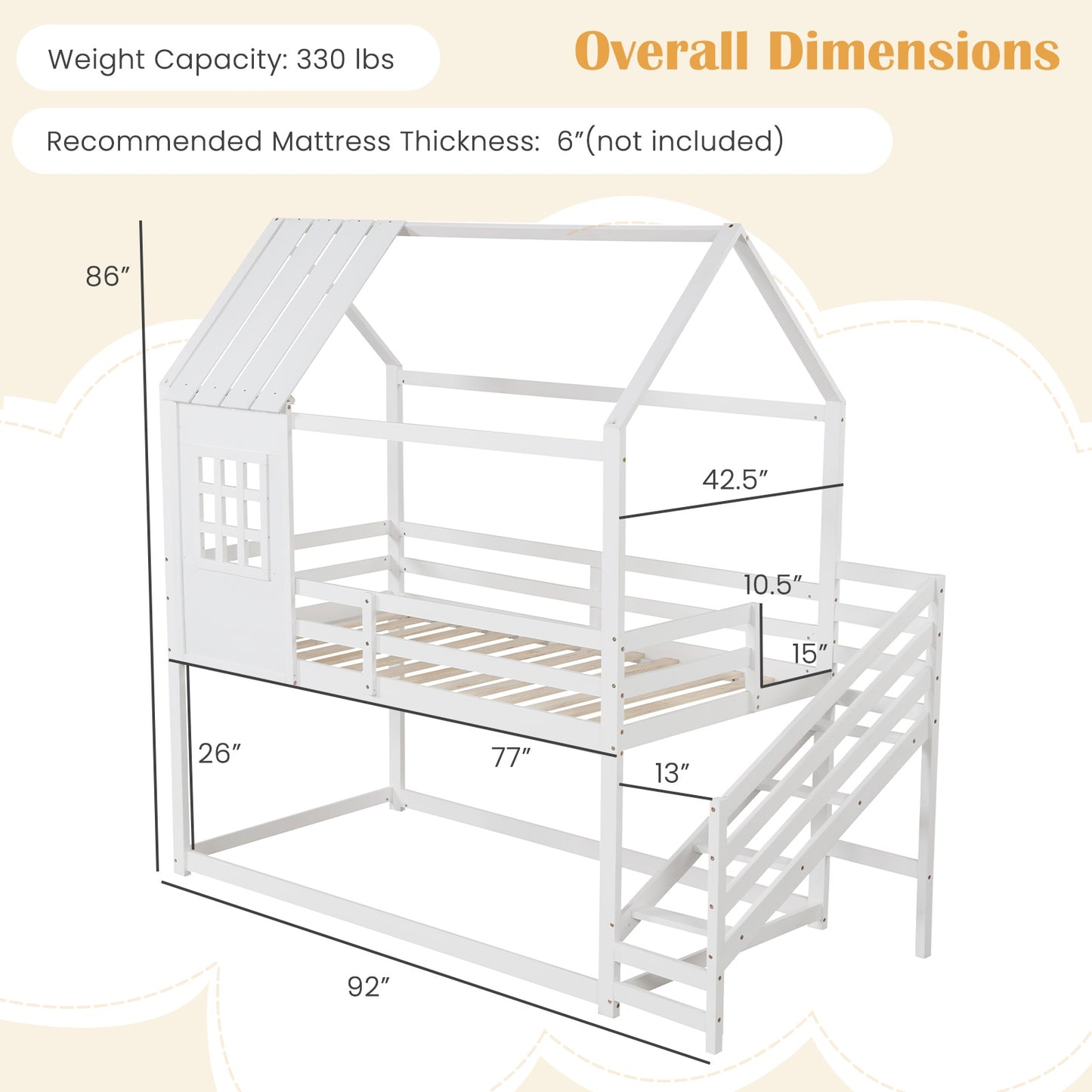 Kids Twin House Loft Bed with Stairs and Roof