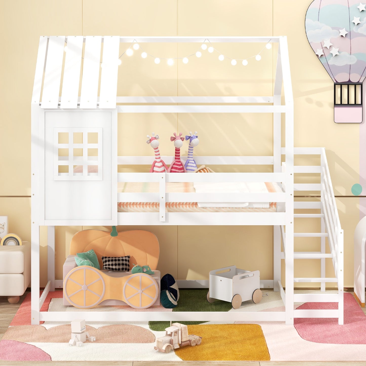 Kids Twin House Loft Bed with Stairs and Roof