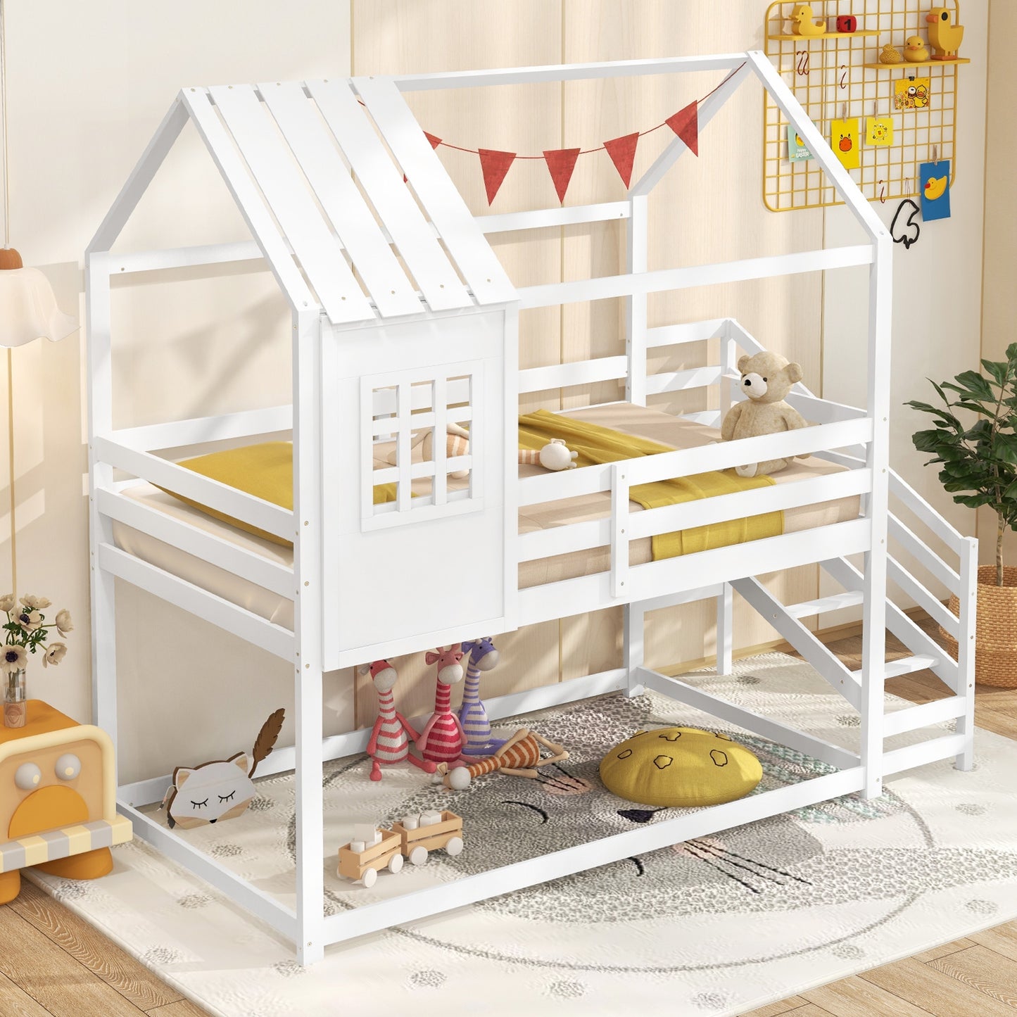 Kids Twin House Loft Bed with Stairs and Roof