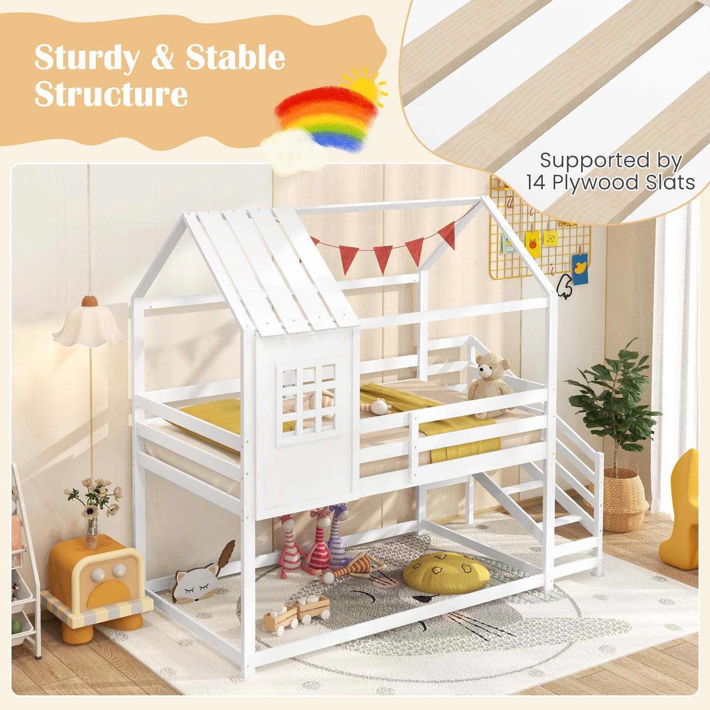 Kids Twin House Loft Bed with Stairs and Roof