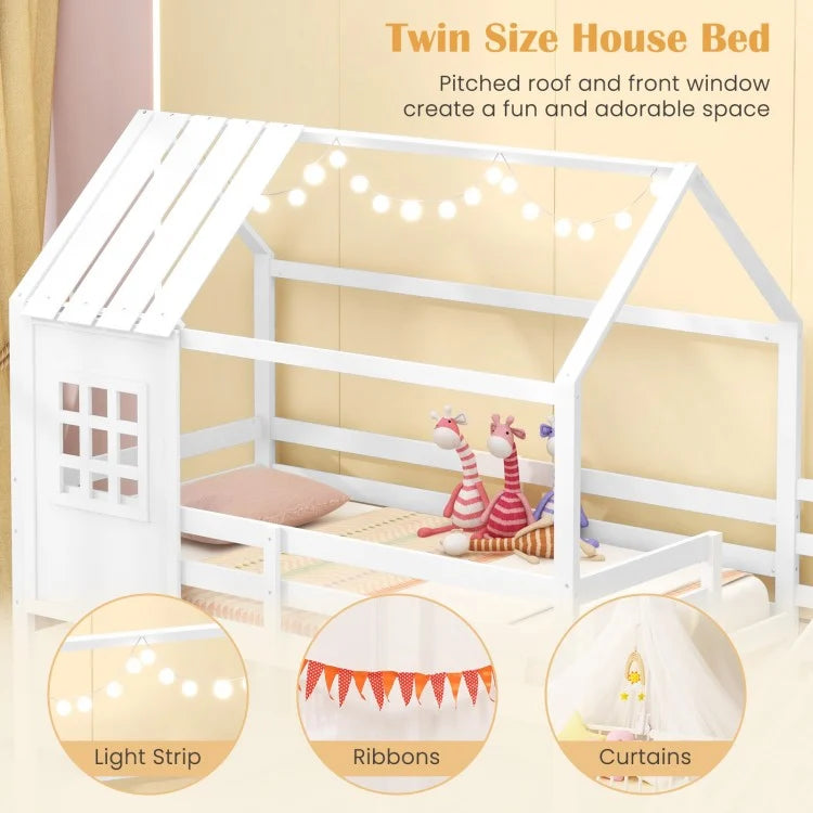 Kids Twin House Loft Bed with Stairs and Roof
