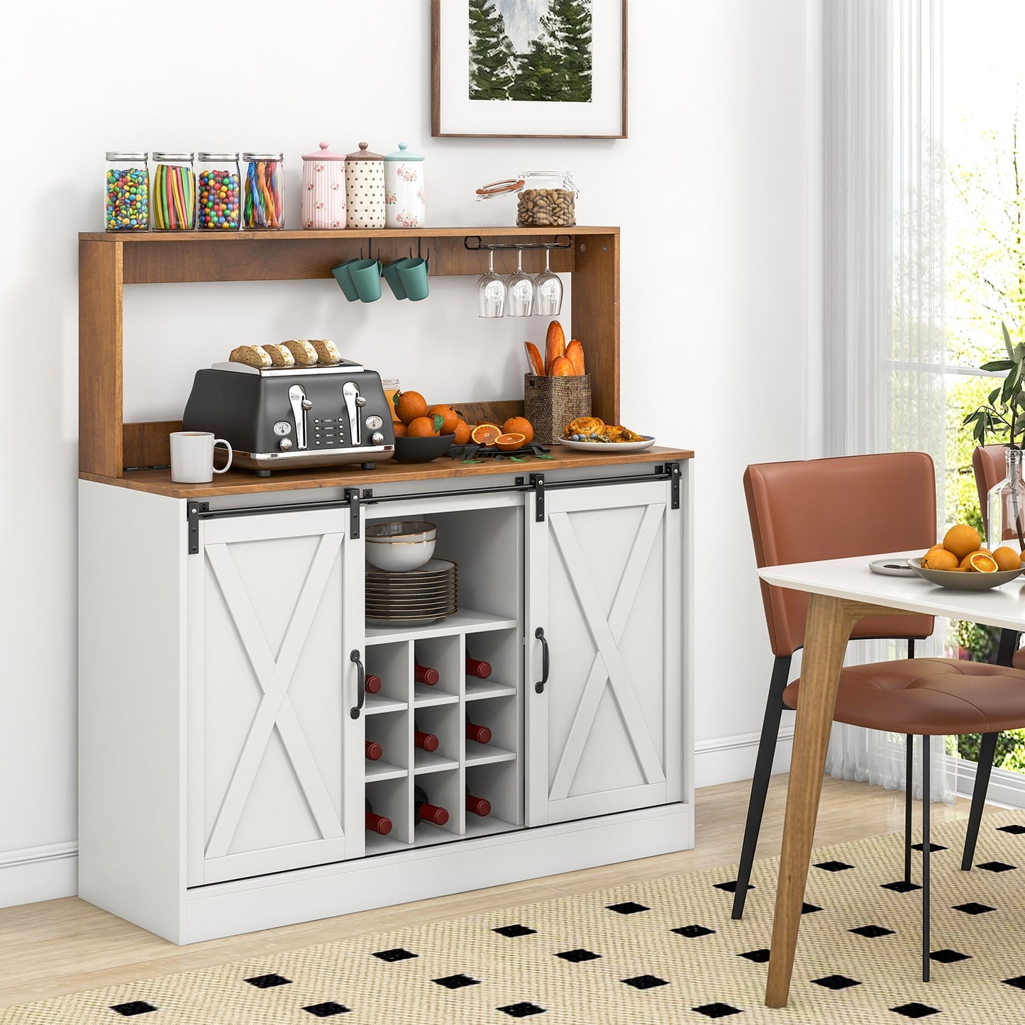 Farmhouse Kitchen Buffet Cabinet with Charging Station Wine Rack and Sliding Barn Doors