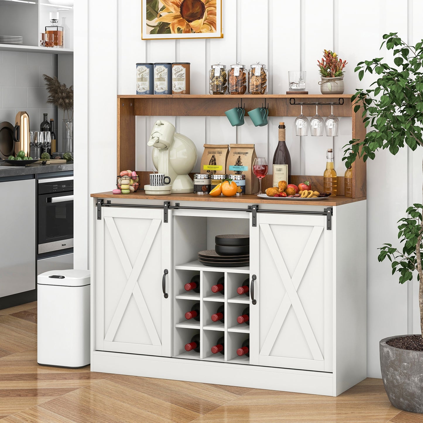 Farmhouse Kitchen Buffet Cabinet with Charging Station Wine Rack and Sliding Barn Doors