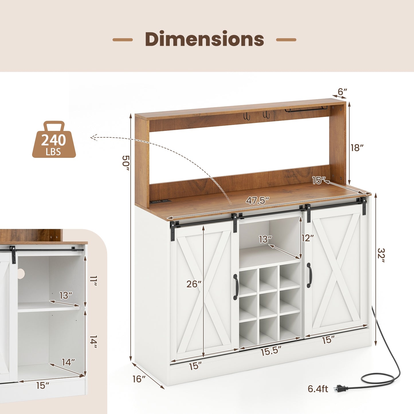 Farmhouse Kitchen Buffet Cabinet with Charging Station Wine Rack and Sliding Barn Doors