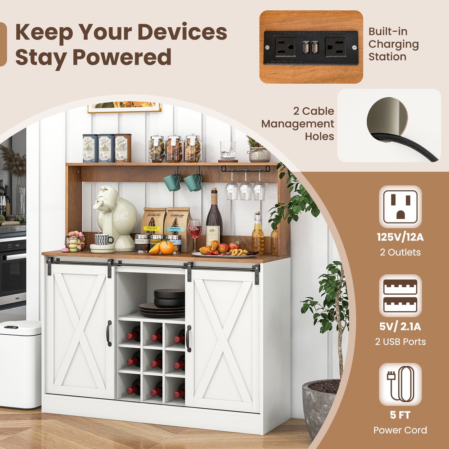 Farmhouse Kitchen Buffet Cabinet with Charging Station Wine Rack and Sliding Barn Doors