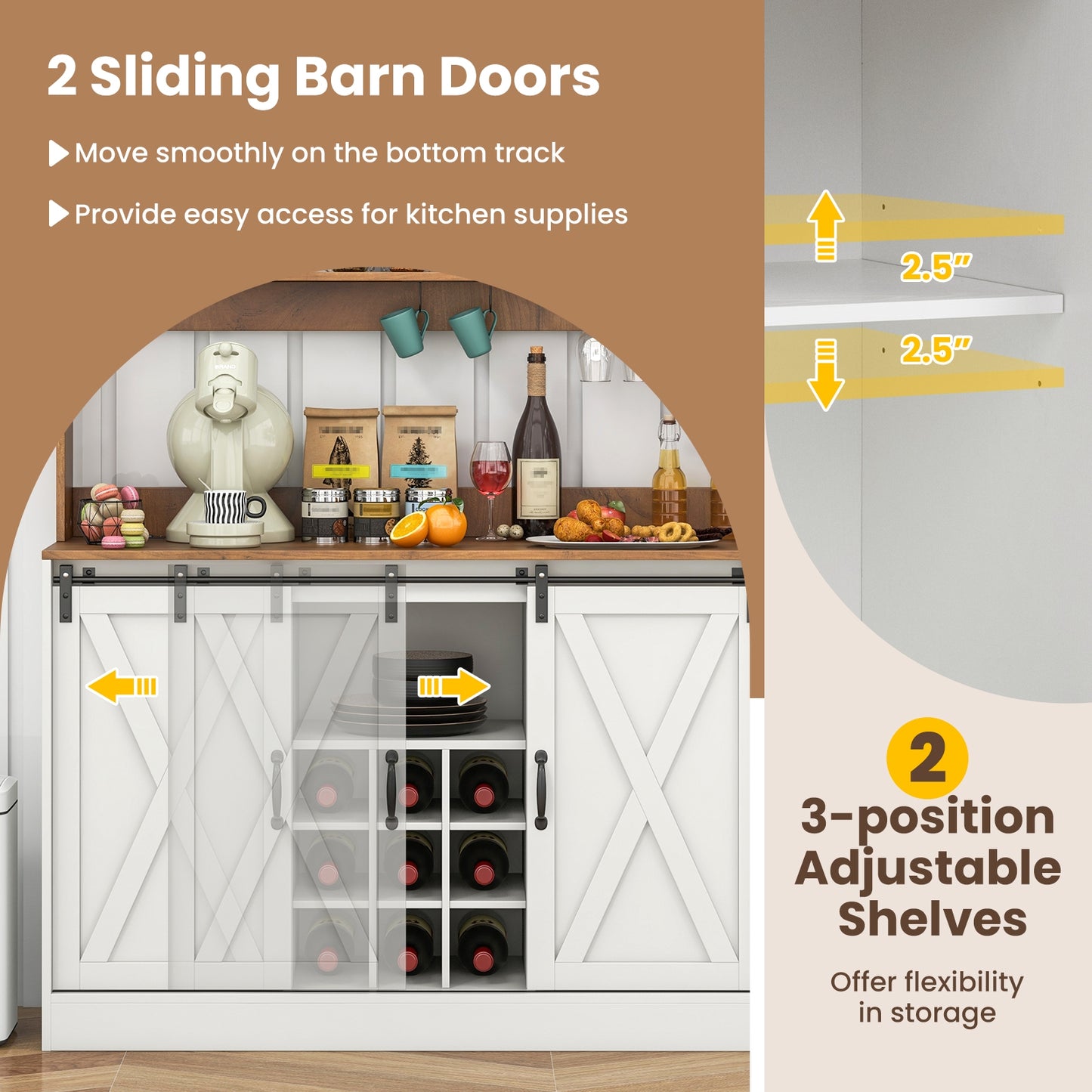 Farmhouse Kitchen Buffet Cabinet with Charging Station Wine Rack and Sliding Barn Doors