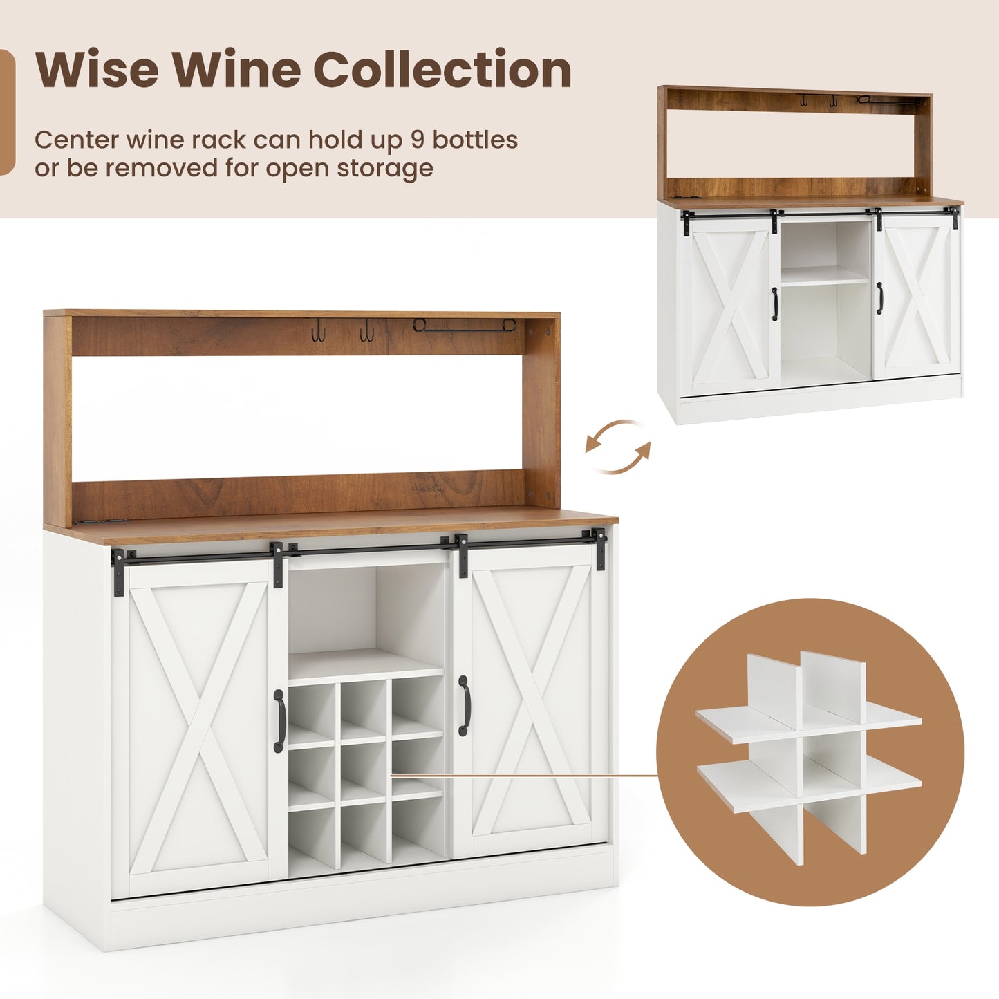 Farmhouse Kitchen Buffet Cabinet with Charging Station Wine Rack and Sliding Barn Doors