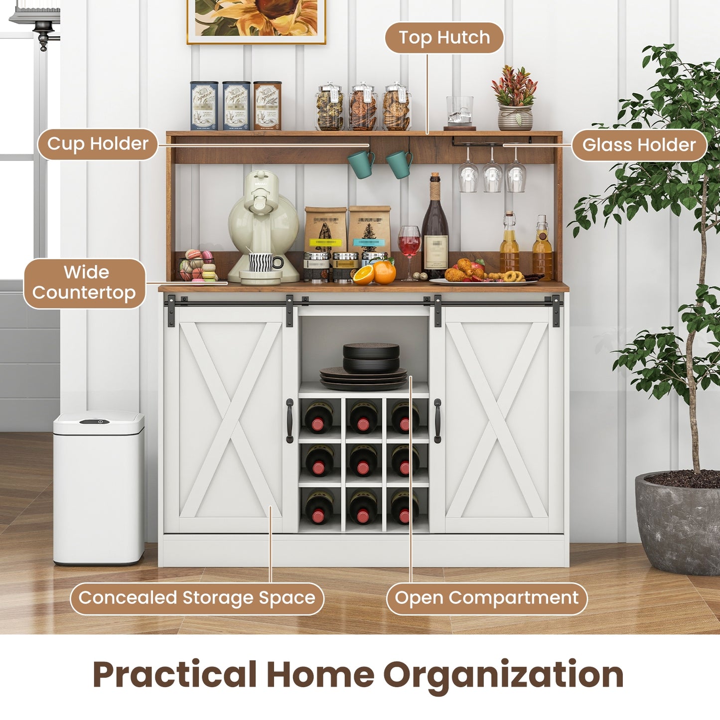 Farmhouse Kitchen Buffet Cabinet with Charging Station Wine Rack and Sliding Barn Doors