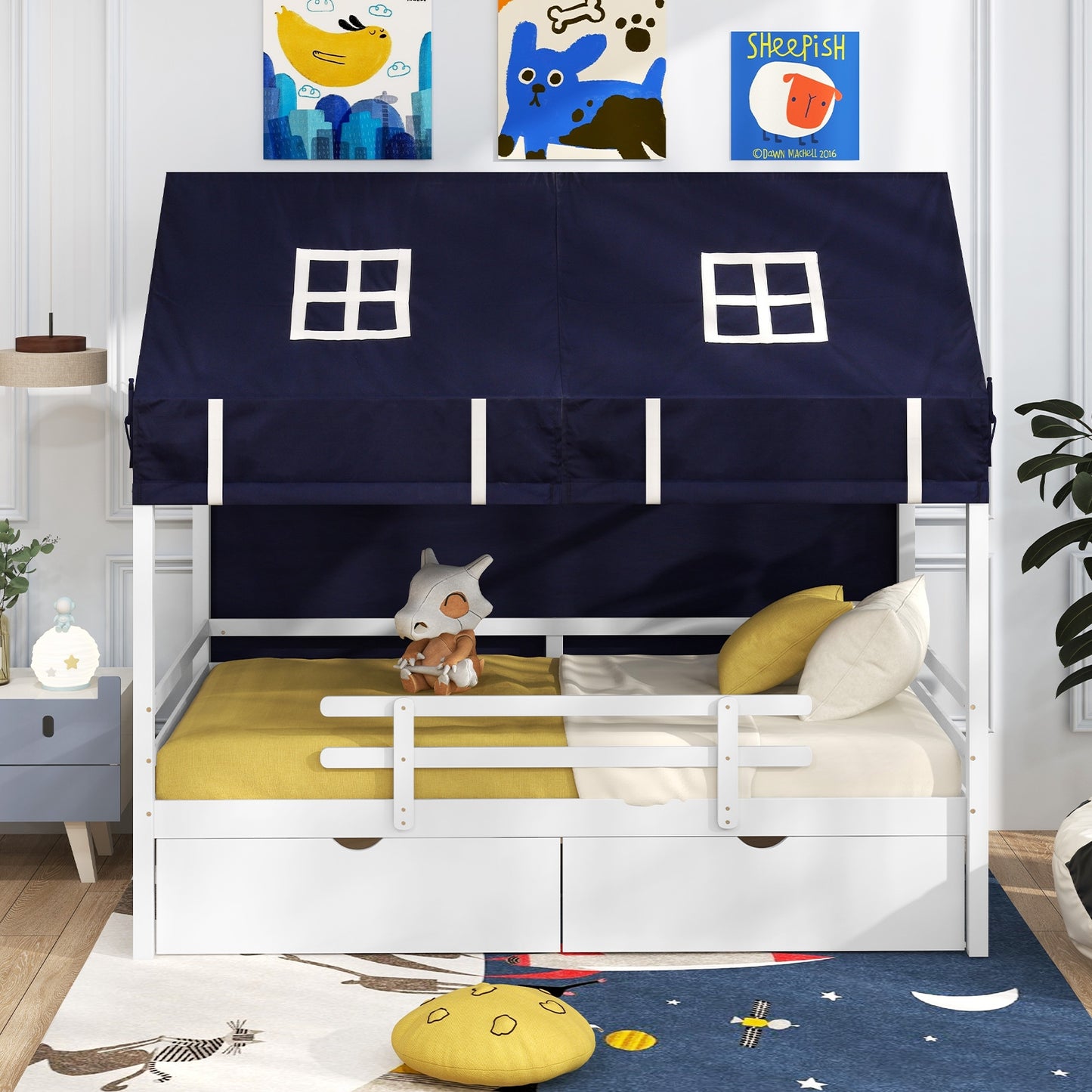 Twin House Bed for Kids with Tent and Storage Drawers