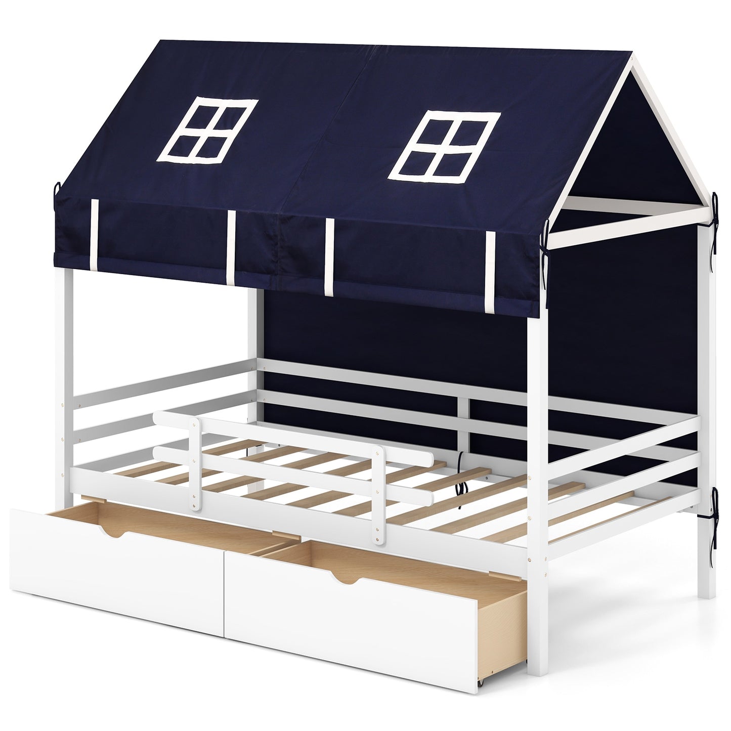 Twin House Bed for Kids with Tent and Storage Drawers
