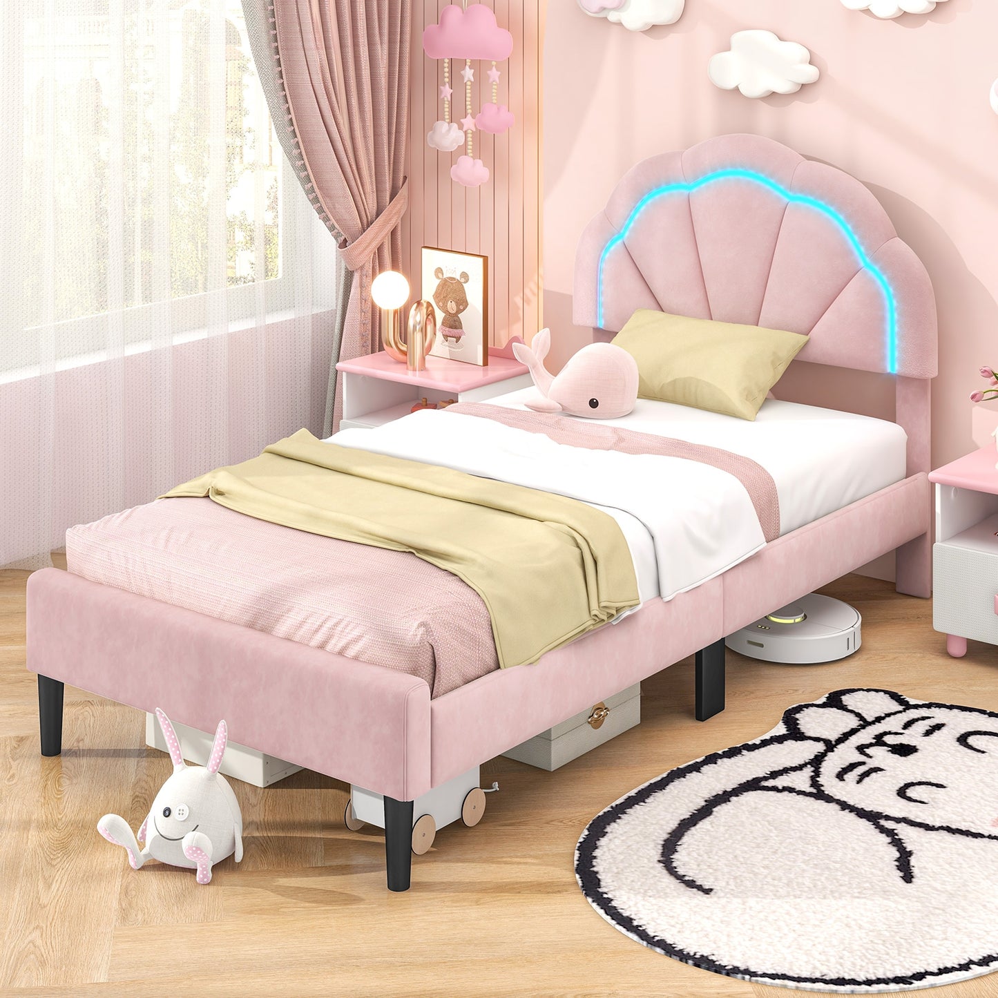 Velvet Upholstered Bed in Pink with RGB LED Lighting, Petal-Inspired Headboard and Sturdy Frame – Twin