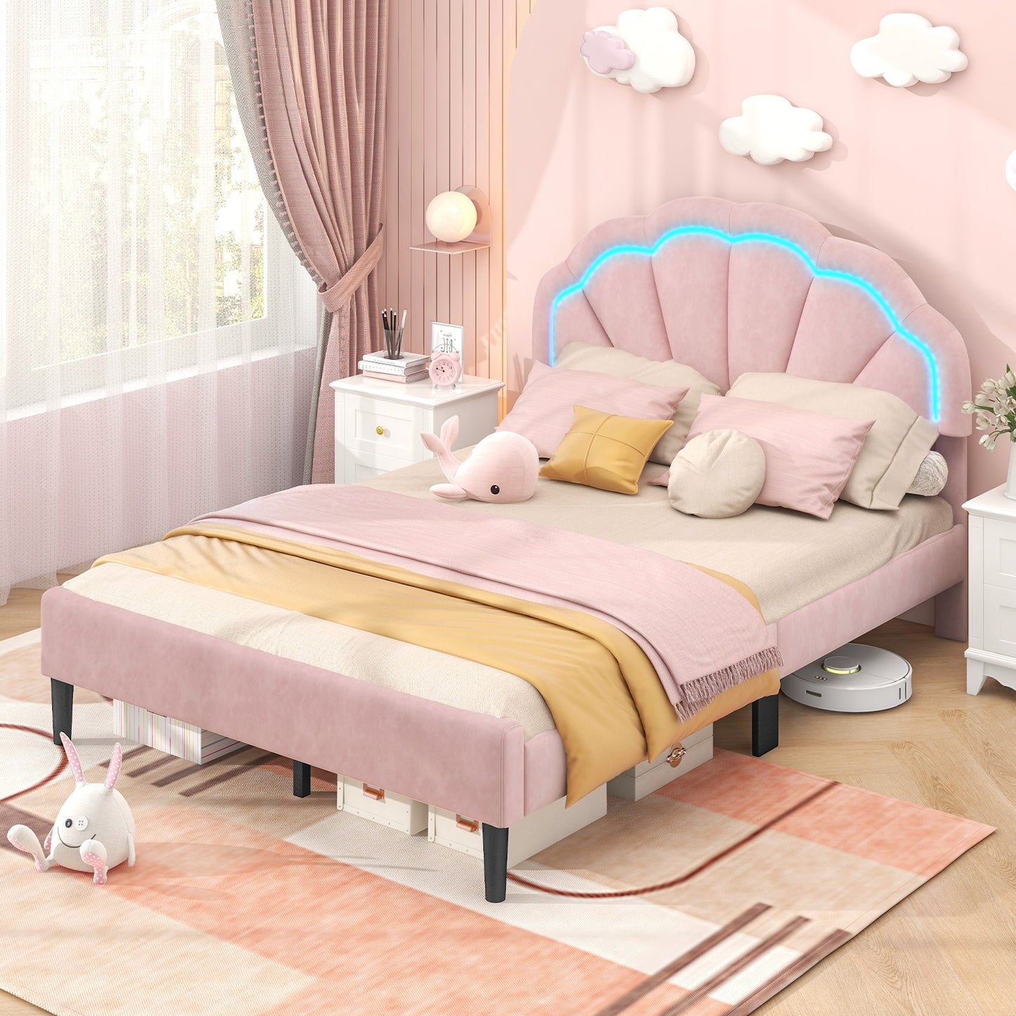 Velvet Upholstered Bed in Pink with RGB LED Lighting, Petal-Inspired Headboard and Sturdy Frame – Full