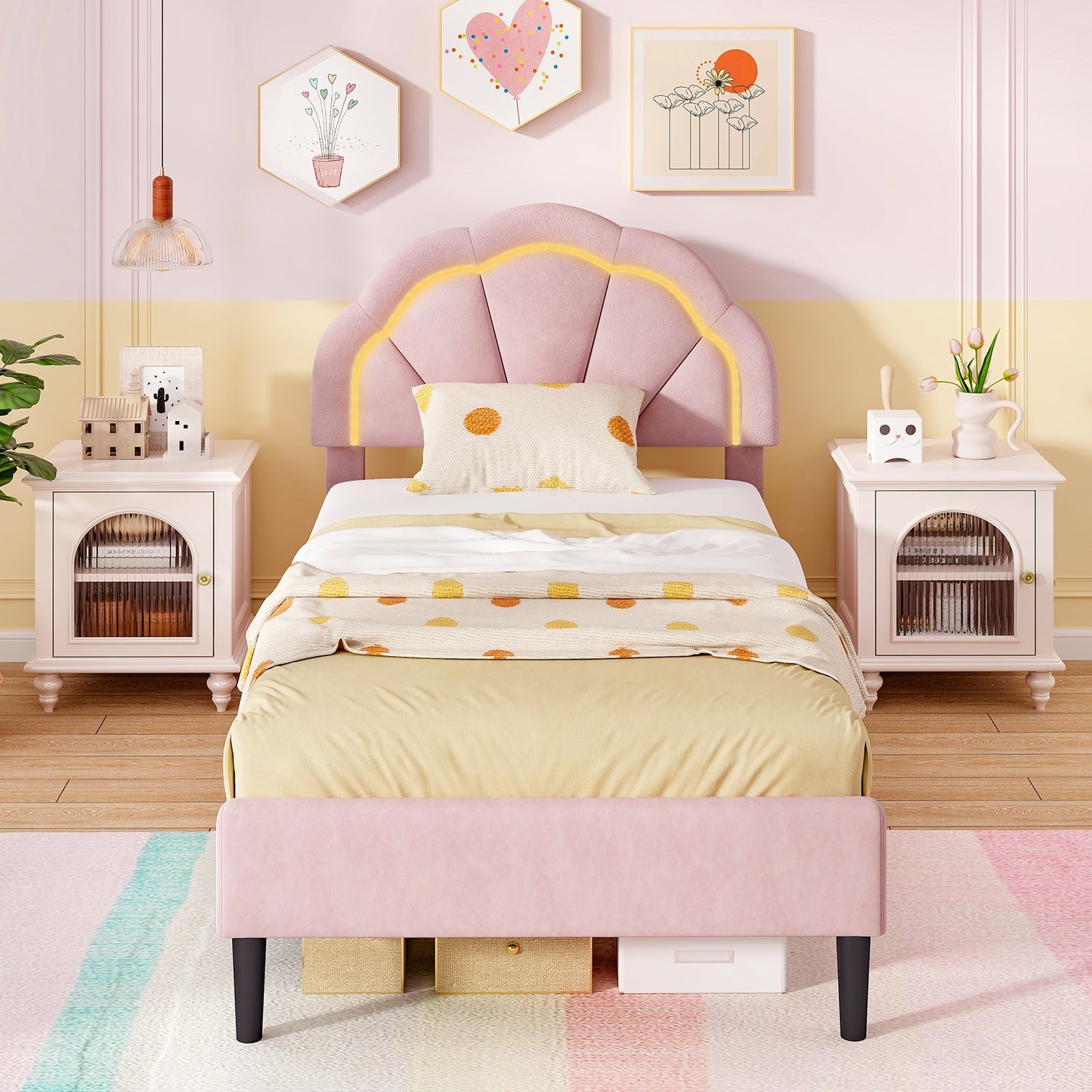 Velvet Upholstered Bed in Pink with RGB LED Lighting, Petal-Inspired Headboard and Sturdy Frame – Twin