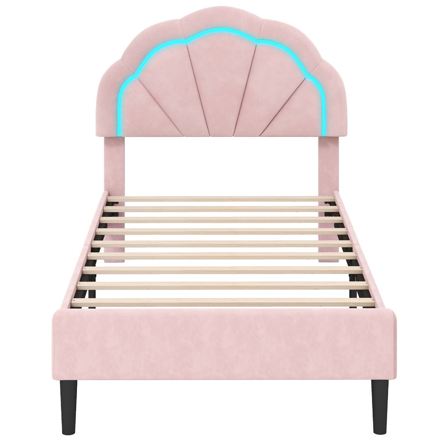 Velvet Upholstered Bed in Pink with RGB LED Lighting, Petal-Inspired Headboard and Sturdy Frame – Twin