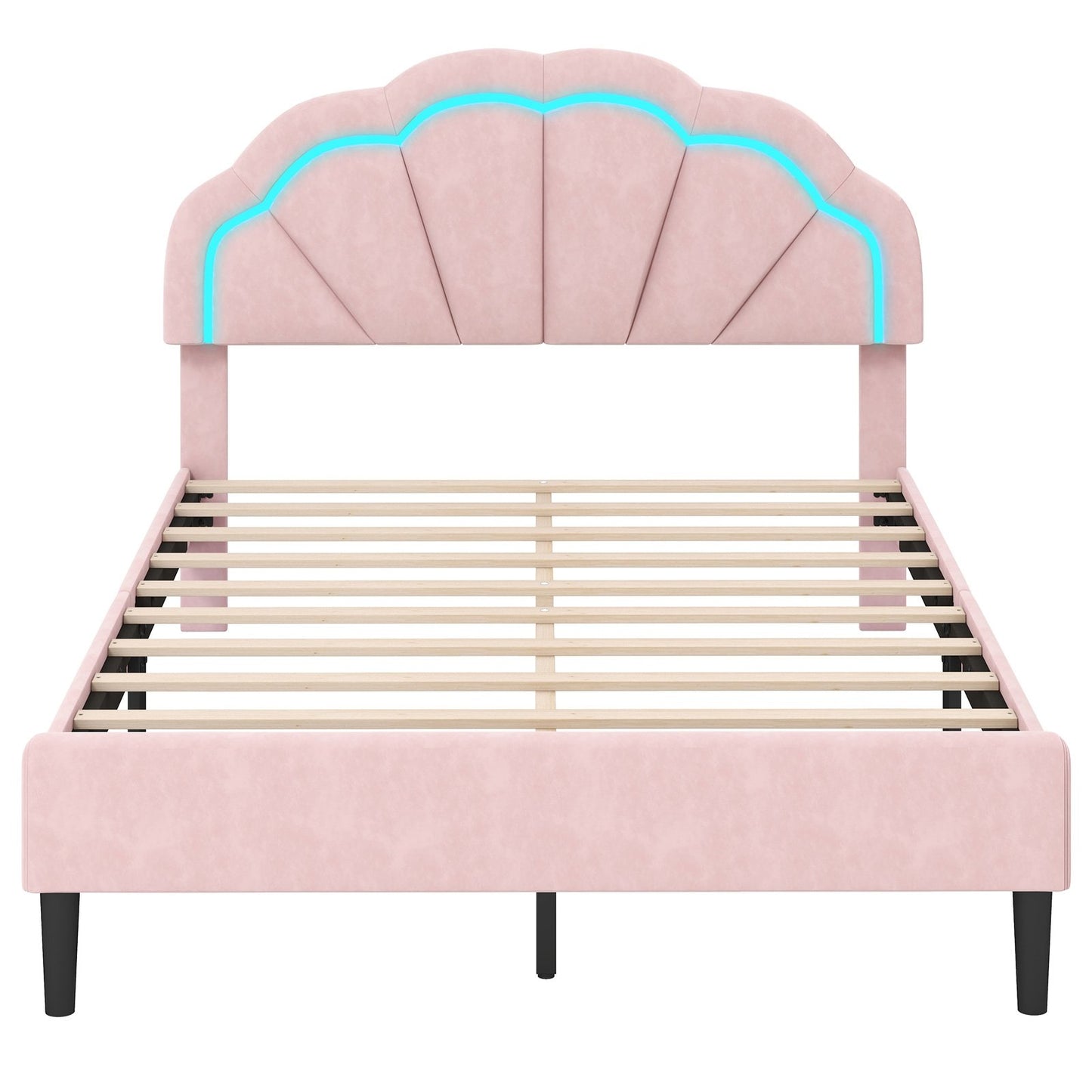Velvet Upholstered Bed in Pink with RGB LED Lighting, Petal-Inspired Headboard and Sturdy Frame – Full