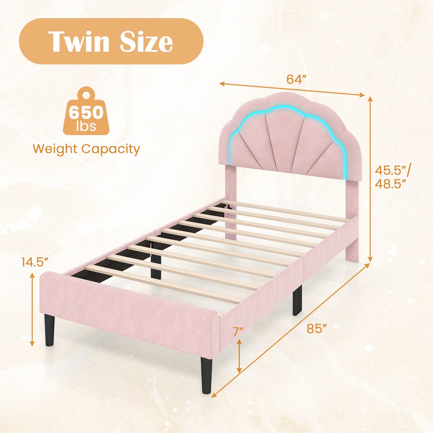 Velvet Upholstered Bed in Pink with RGB LED Lighting, Petal-Inspired Headboard and Sturdy Frame – Twin