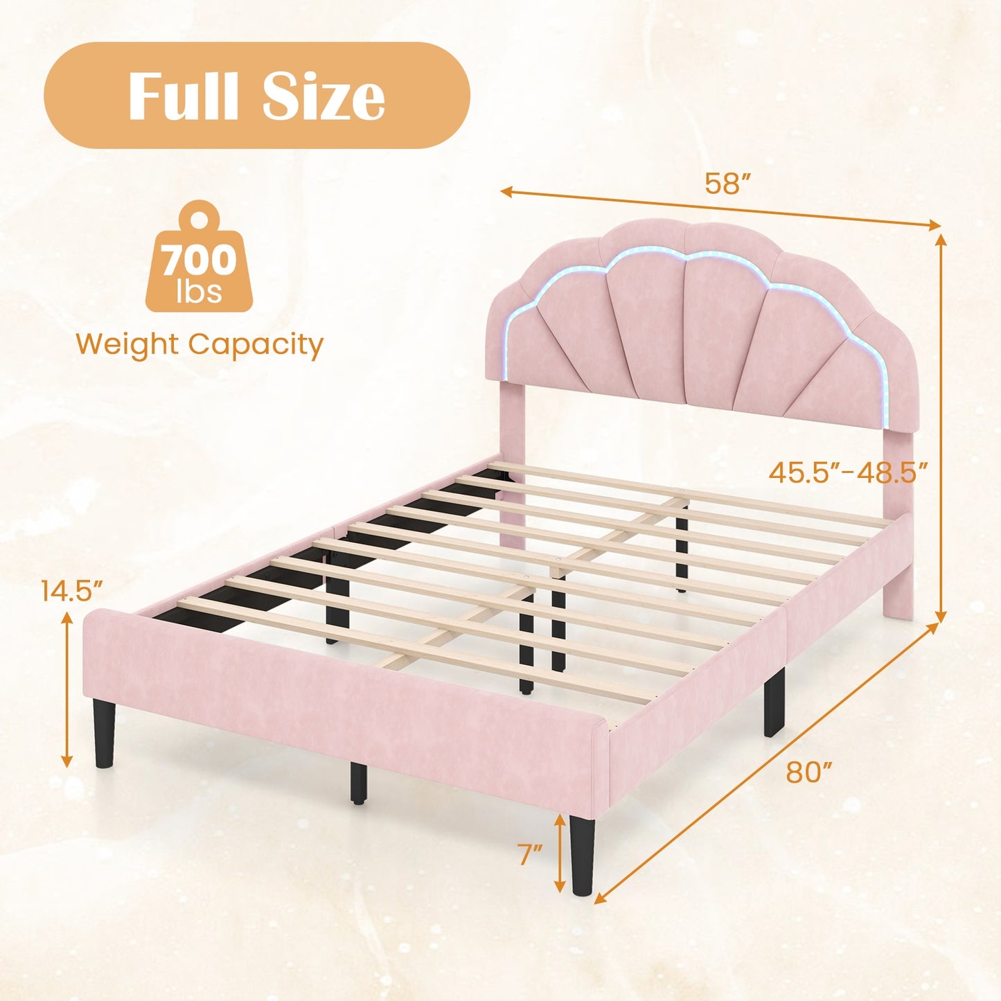 Velvet Upholstered Bed in Pink with RGB LED Lighting, Petal-Inspired Headboard and Sturdy Frame – Full