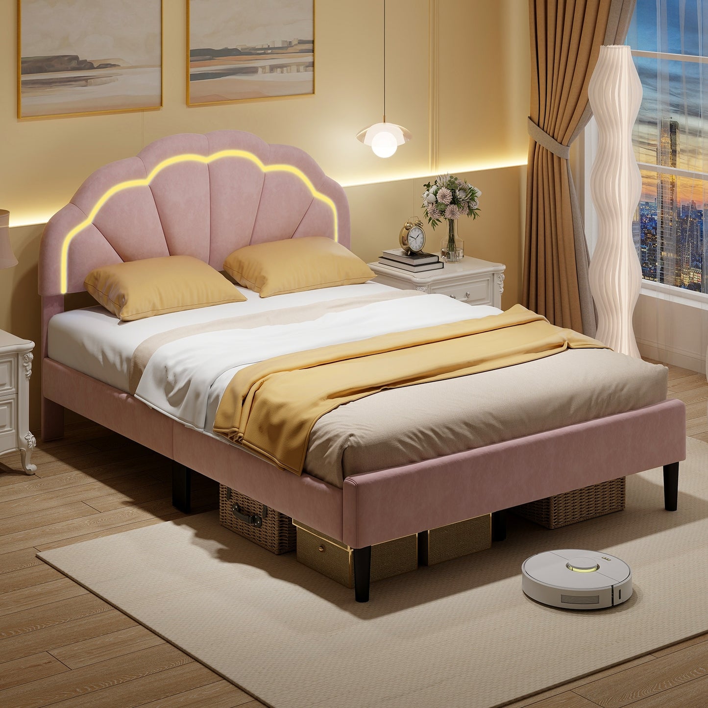 Velvet Upholstered Bed in Pink with RGB LED Lighting, Petal-Inspired Headboard and Sturdy Frame – Full