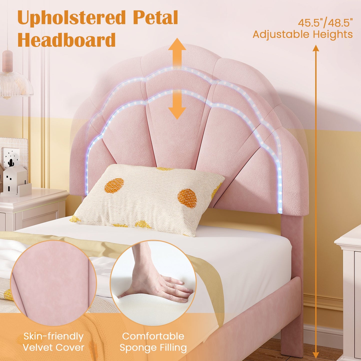 Velvet Upholstered Bed in Pink with RGB LED Lighting, Petal-Inspired Headboard and Sturdy Frame – Twin