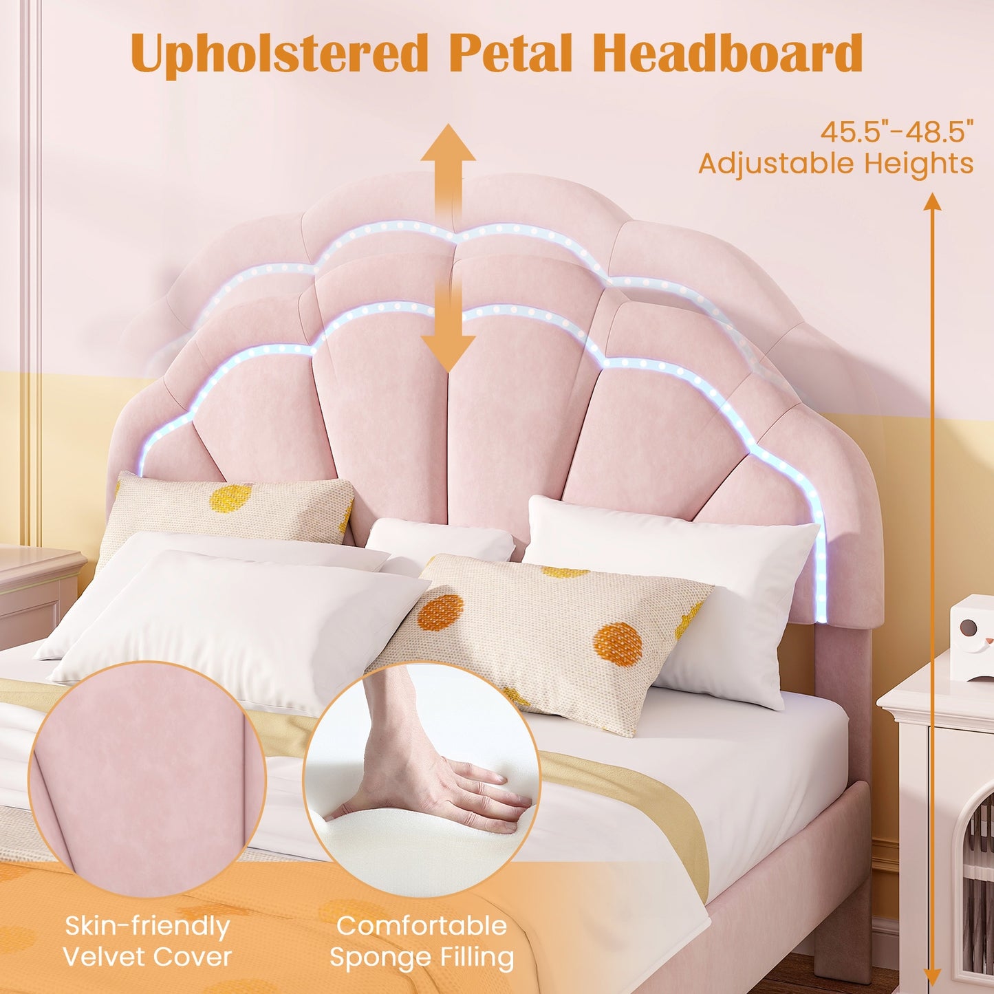 Velvet Upholstered Bed in Pink with RGB LED Lighting, Petal-Inspired Headboard and Sturdy Frame – Full
