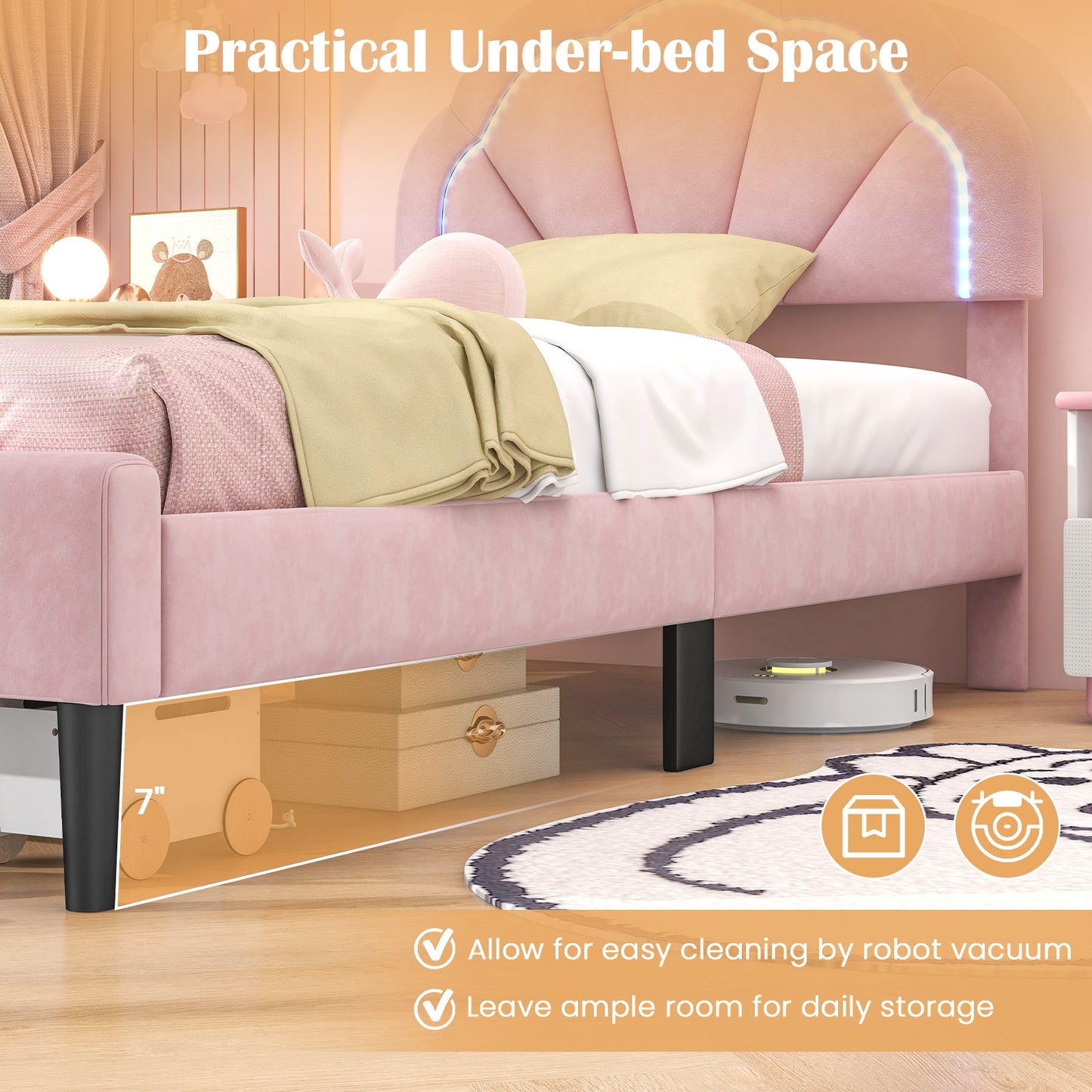 Velvet Upholstered Bed in Pink with RGB LED Lighting, Petal-Inspired Headboard and Sturdy Frame – Twin