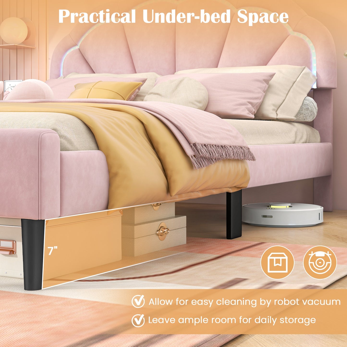 Velvet Upholstered Bed in Pink with RGB LED Lighting, Petal-Inspired Headboard and Sturdy Frame – Full