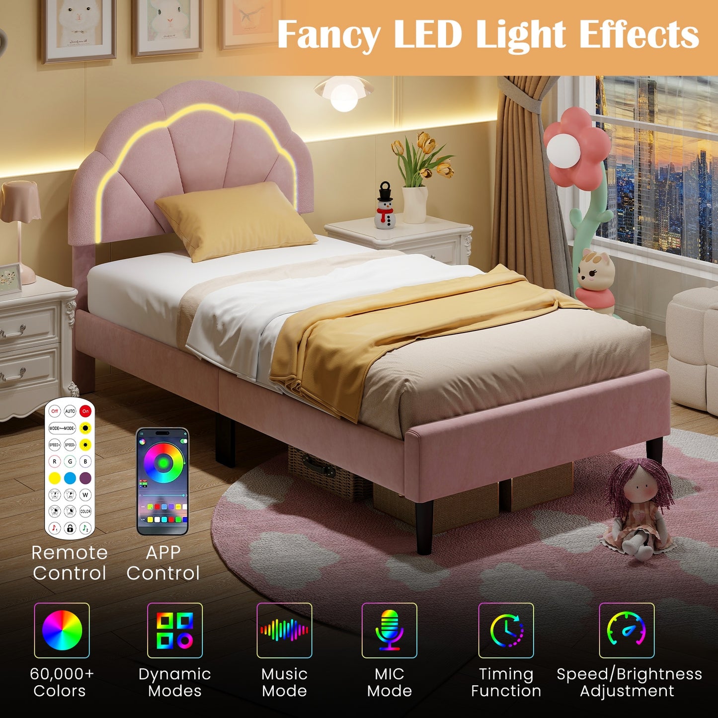 Velvet Upholstered Bed in Pink with RGB LED Lighting, Petal-Inspired Headboard and Sturdy Frame – Twin