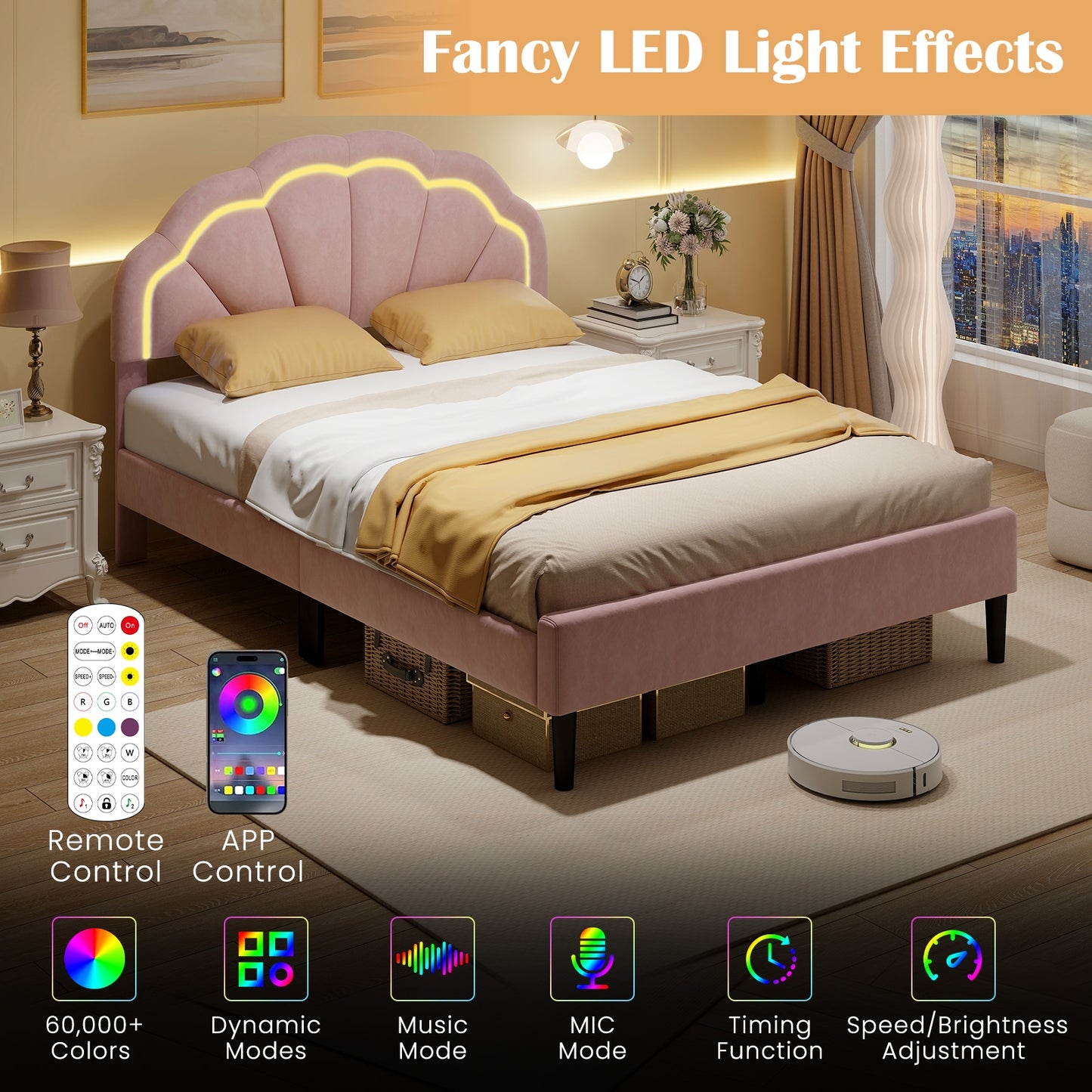 Velvet Upholstered Bed in Pink with RGB LED Lighting, Petal-Inspired Headboard and Sturdy Frame – Full