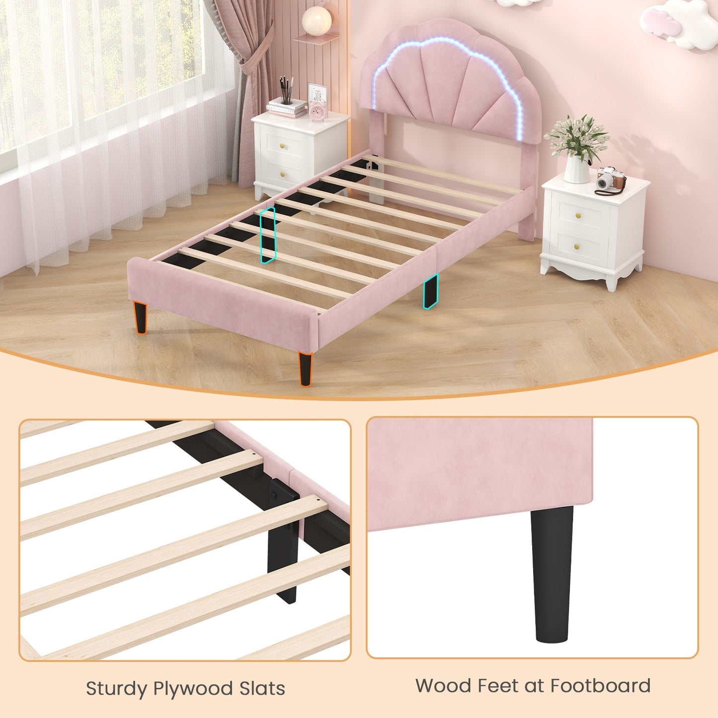 Velvet Upholstered Bed in Pink with RGB LED Lighting, Petal-Inspired Headboard and Sturdy Frame – Twin